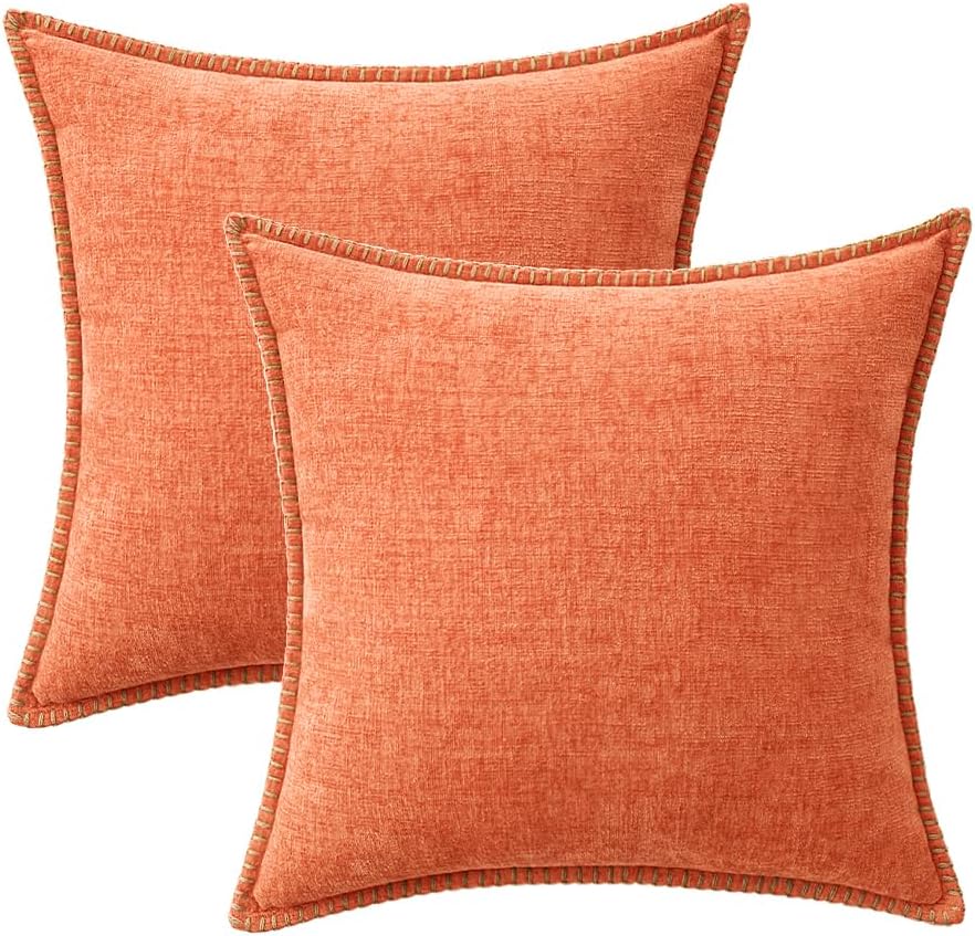 MIULEE Pack of 2 Couch Throw Pillow Covers 18x18 Inch Coral Red Farmhouse Decorative Pillow Covers with Stitched Edge Soft Chenille Solid Dyed Pillow Covers for Sofa Bed Living Room