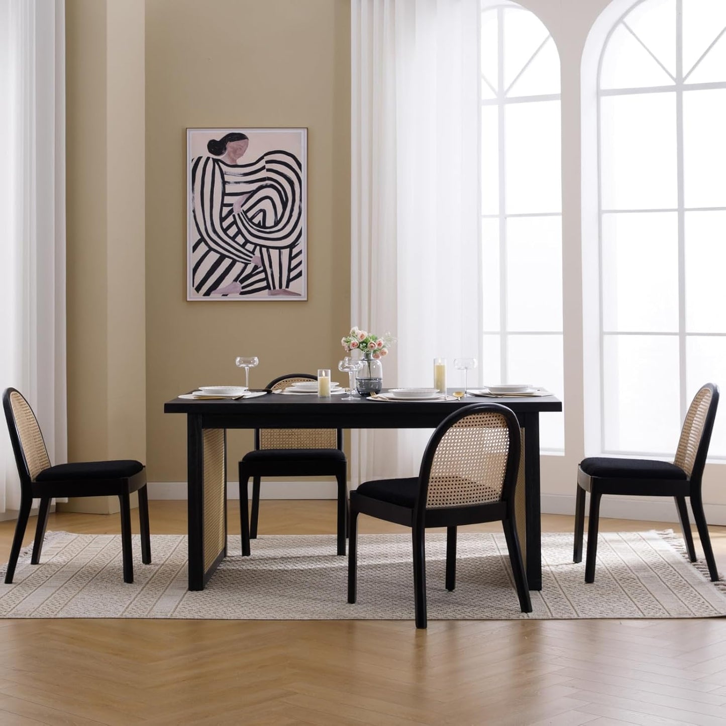 Mid Century Dining Chairs Set of 4, Accent Rattan Sherpa Fabric Side Chairs Kitchen Chair with Solid Wooden Legs for Living Room Dining Room, Black