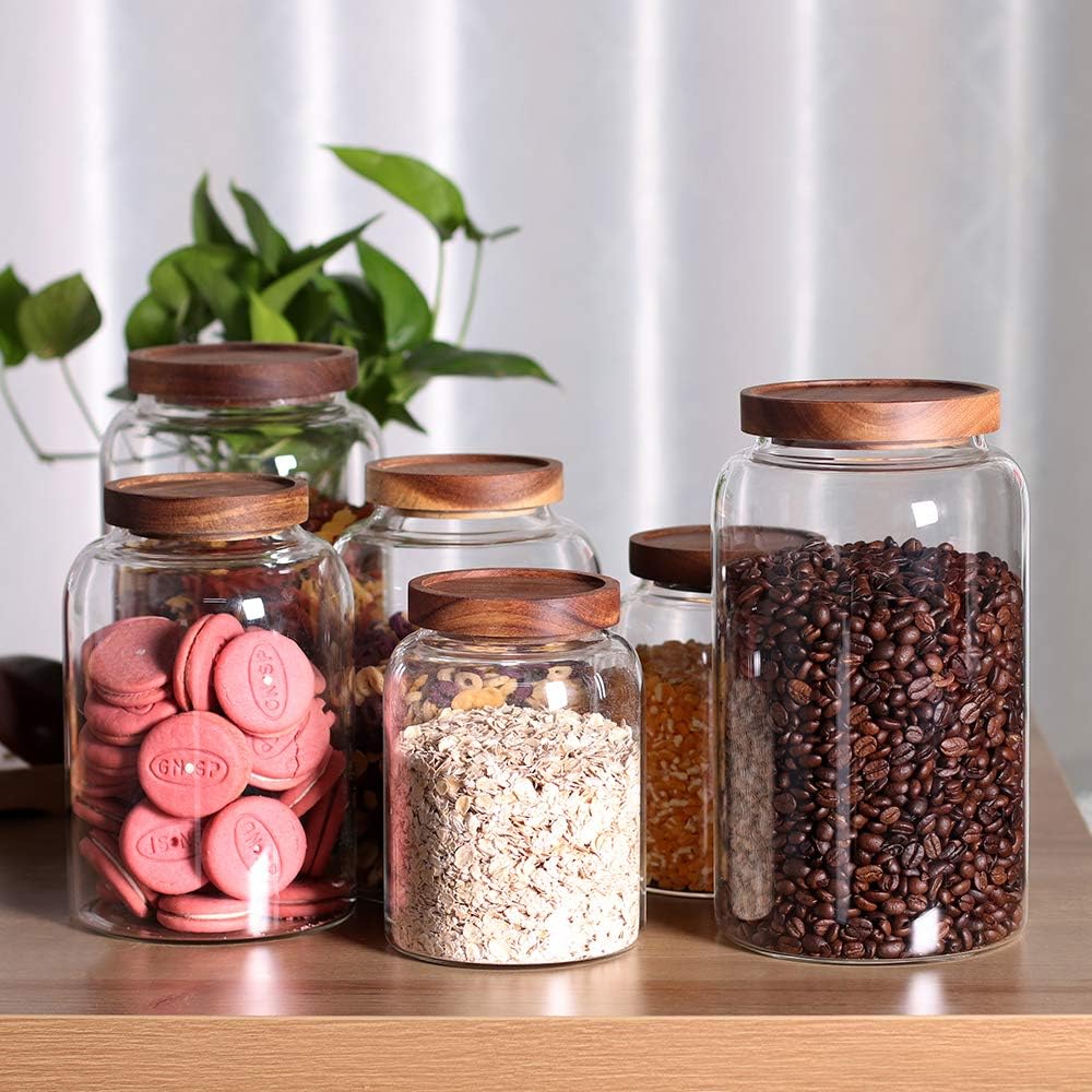 Thicken Glass Storage Jar, Food Storage Container/Canisters with Airtight Wooden Lid for Tea, Coffee, Honey, Cacao Powder,BPA Free Perfect as a Cereal Dispenser (7.6inch 2pcs)