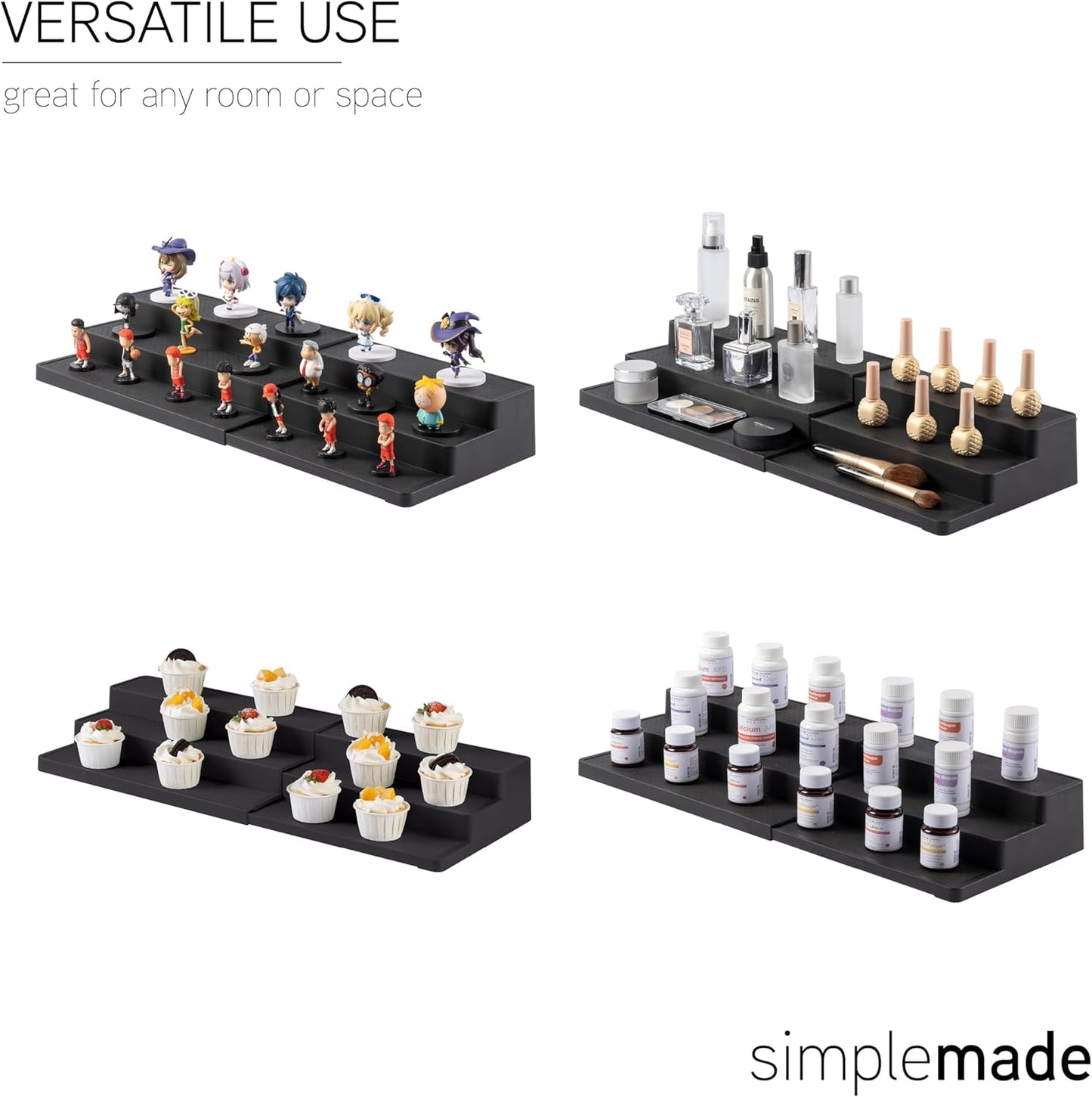 SIMPLEMADE 3-Tier Spice Rack Organizer - Versatile Storage Shelf for Kitchen, Bathroom, Bedroom & Office, Set of 2, Expandable Black