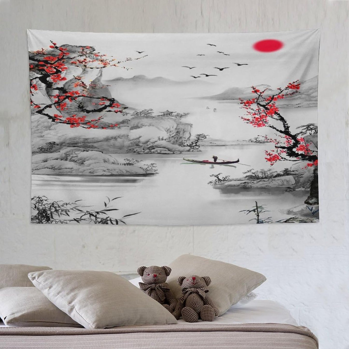 Cherry Blossoms Tapestry, Japanese Red Landscape Watercolor Abstract Art, Asian Japanese Wall Tapestry, Nature Landscape Tapestries for Bedroom Living Room Decor 90"x60"