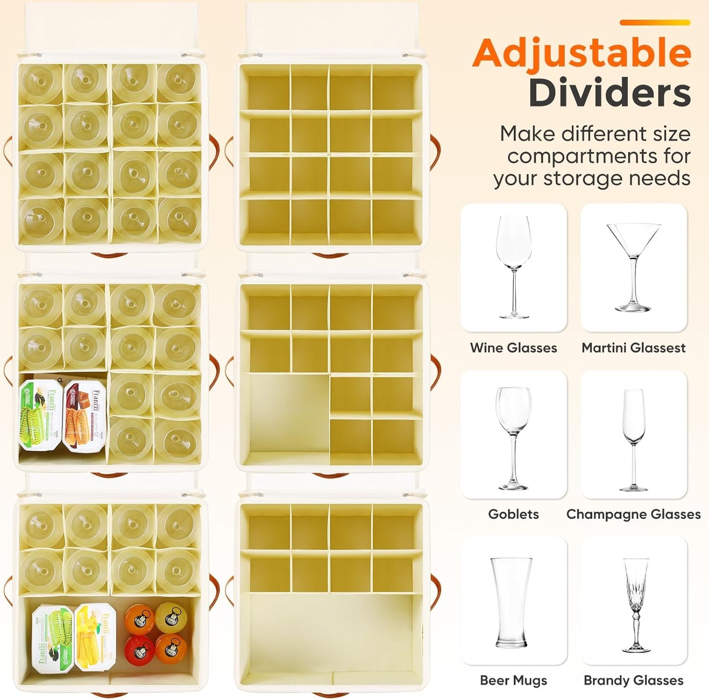 Wine Glass Storage Box with Dividers, 2 Pack Glassware Storage Containers, Stemware Storage Cases Holds 32 Wine Glasses, Stackable Crystal Storage Containers with Clear Cover for Moving,Beige