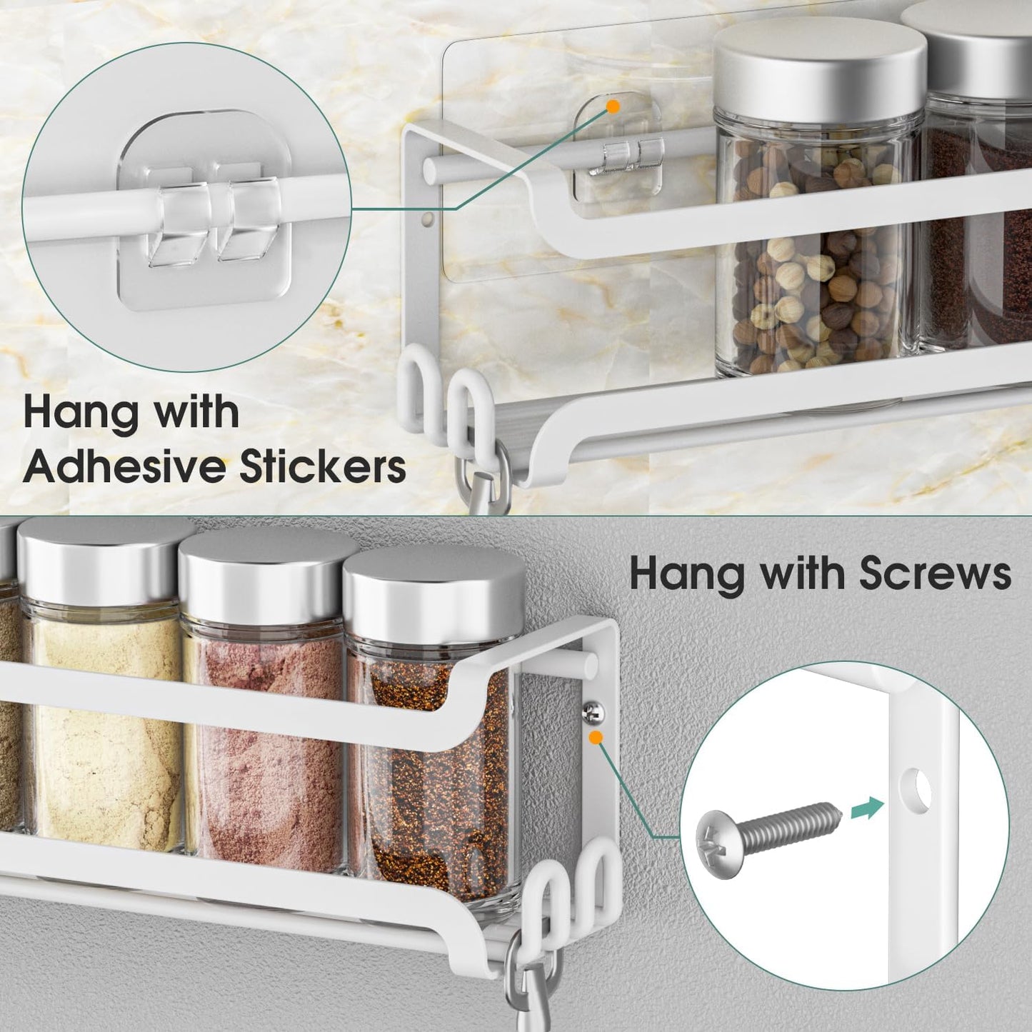 LUCYCAZ 4 Pack Wall Mounted Spice Rack with 16 Hooks, Spice Organizer Shelf for Stove Cabinet Pantry Door,Screw or Adhesive Spice Shelf Hanging Wall Spice Rack in Kitchen and RV (White, 4 PACK)