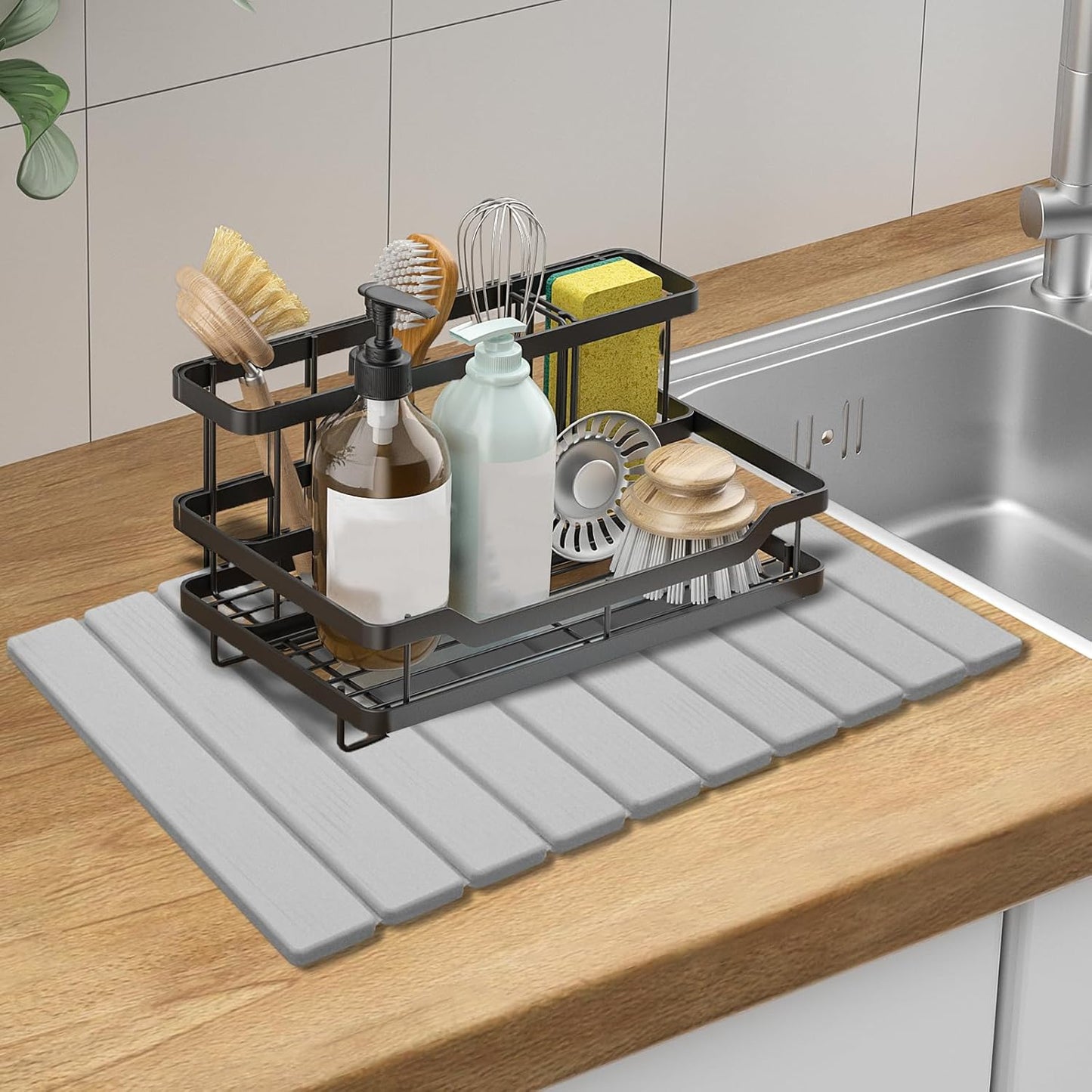 Large Stone Dish Drying Mats for Kitchen Counter, Quick Dry Absorbent Collapsible Dish Drying Mat,Diatomaceous Earth Mats for Dishes Bottles Cups,Match Any Countertop,Grey 16 * 12inch