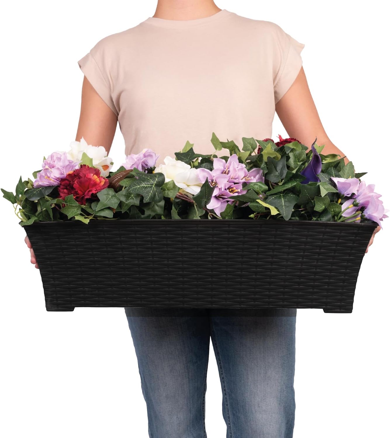 Elly Décor Set of 2 18x8 Rectangular Modern, Resistant and Self Watering Planter with Rattan-Like Finish, 18", Gray