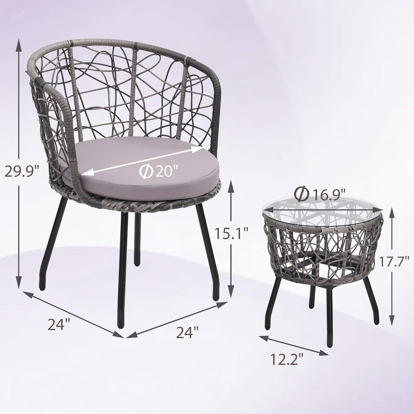 Kromax 3 Piece Bistro Set, Modern Outdoor Wicker Patio Furniture with Tempered Glass Table Top and 2 Chairs, Washable Cushions, Grey Rattan and Grey Cushion