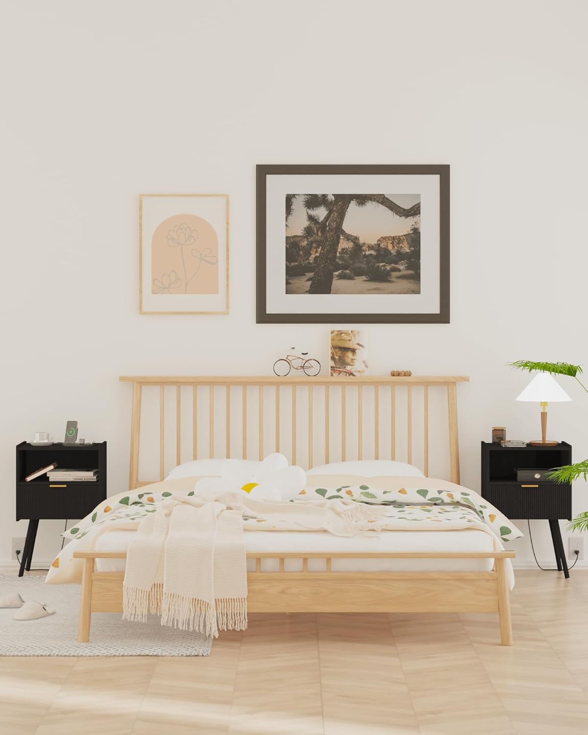 Nightstand,Modern Bedside Table with Storage Drawer and Open Wood Shelf, Accent Night Stand with Solid Wood Legs for Living Room, Bedroom and Small Spaces,Easy Assembly (Black-Outlet)