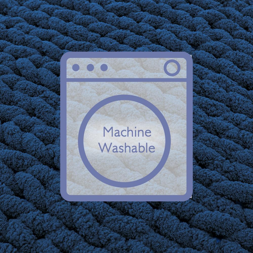 Bigacogo Chunky Knit Throw Blanket for Couch, 80x90 inches, 100% Hand Knitted with Thick Jumbo Chenille Yarn, Cozy Soft Large Rope Knot Cable Crochet Blankets for Sofa Bed Living Room, Navy Blue