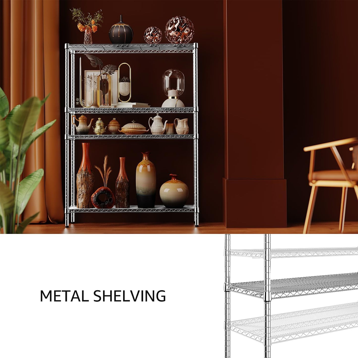 IZEUK 3400 LBS Garage Shelving Wide Storage Shelves 4 Tier Metal Shelves Heavy Duty Adjustable Utility Shelf Rack Chrome 17.7" D x 47.2" W x 70.4" H