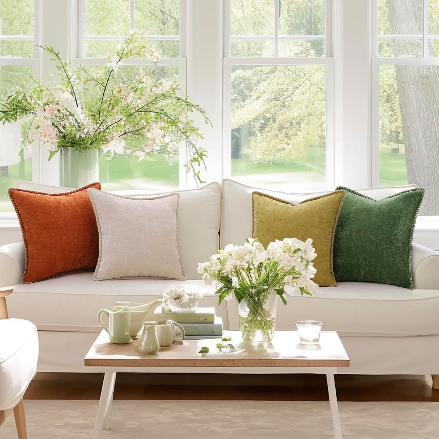 decorUhome Chenille Soft Throw Pillow Covers 18x18 Set of 2, Farmhouse Velvet Neutral Decorative Euro Pillow Covers with Stitched Edge for Couch Sofa Bed Home Decor, Beige