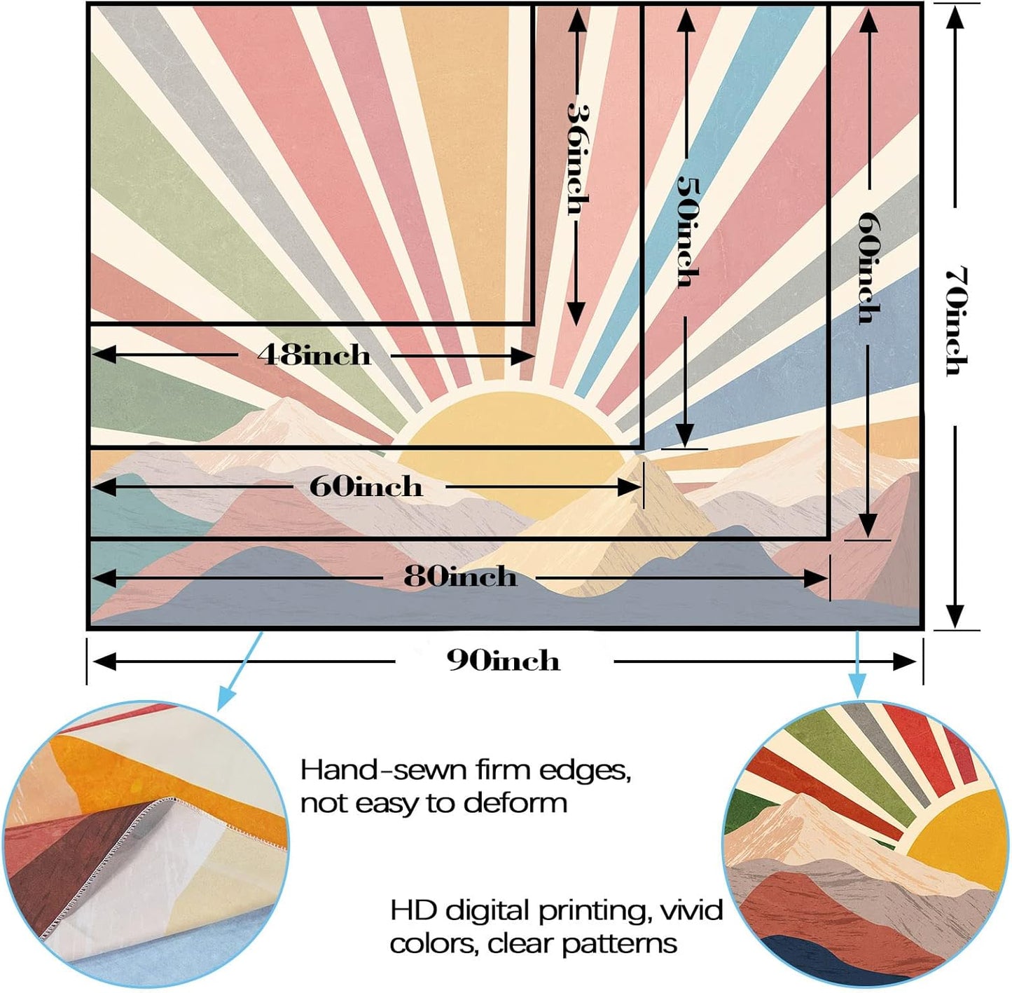 Aipon Vintage Sun Tapestry for Classroom Rainbow Boho 70s Sunshine Sunset Tapestries Wall Hanging Aesthetic Retro Tapestrys for Living Room Dorm (Yellow, 48'' × 36'')