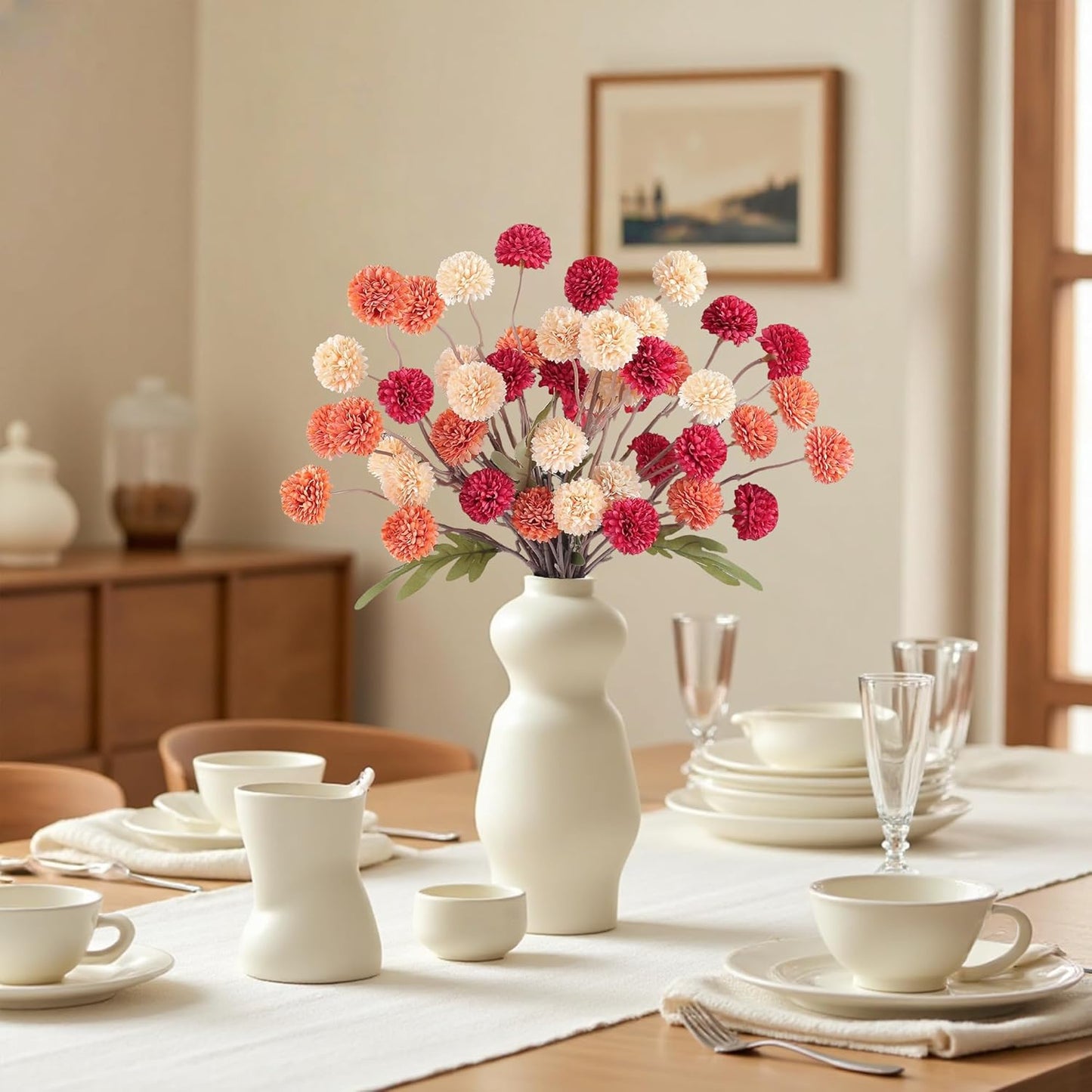 Faux Kiku Flowers Fall 10 Stems & 2 Eucalyptus, Fake Mums Pompon Flower Ball, Autumn Burnt Orange Artificial Chrysanthemums Flowers for Boho Decor, Mini Faux Kiku Flower Wedding Arrangements Decor