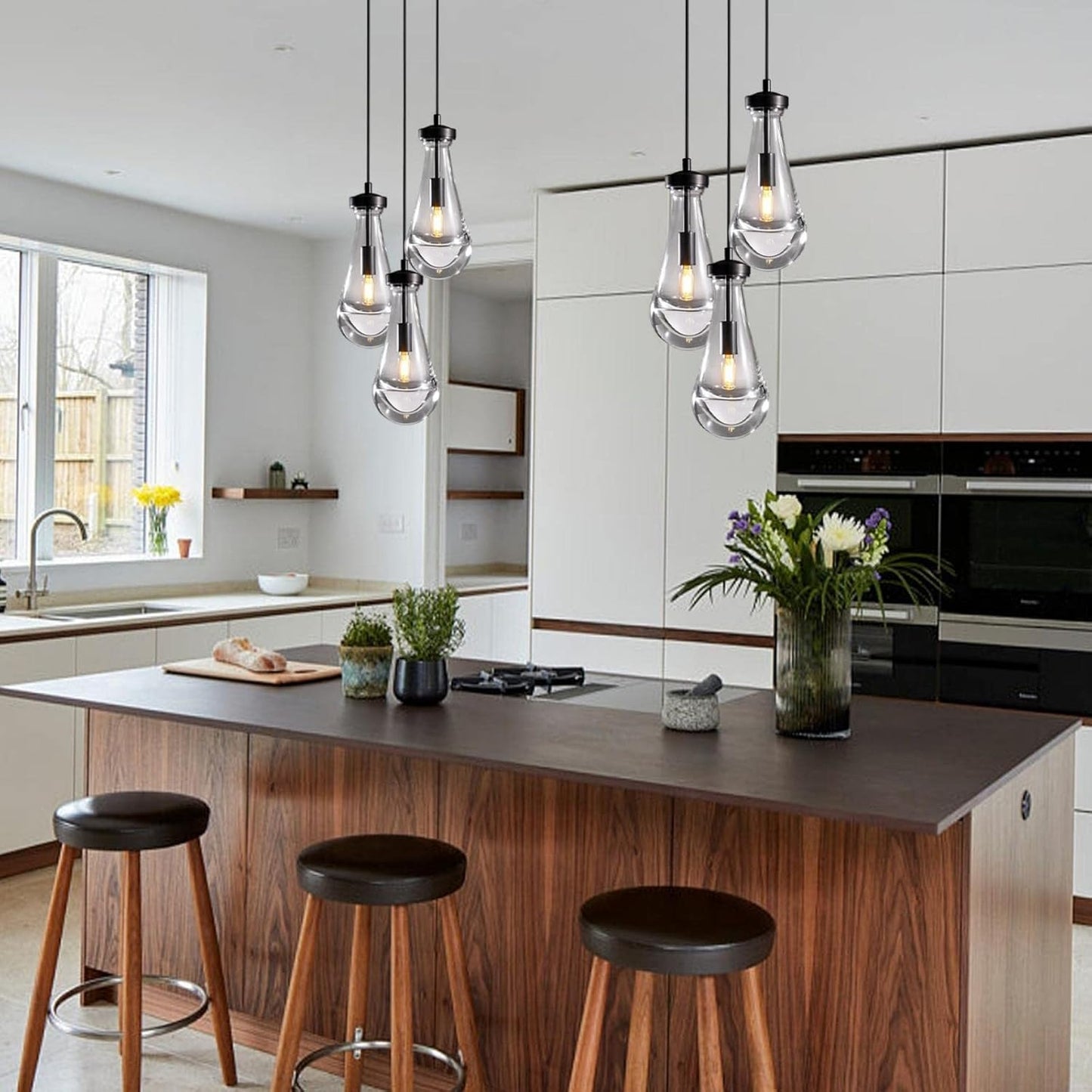 Bronze 3 Light Pendant Lighting, Raindrop Pendant Lights, Black Adjustable Hanging Rope Cluster Pendant Lighting Over Kitchen Island, Teardrop Glass Chandelier Dining Room Light Fixture