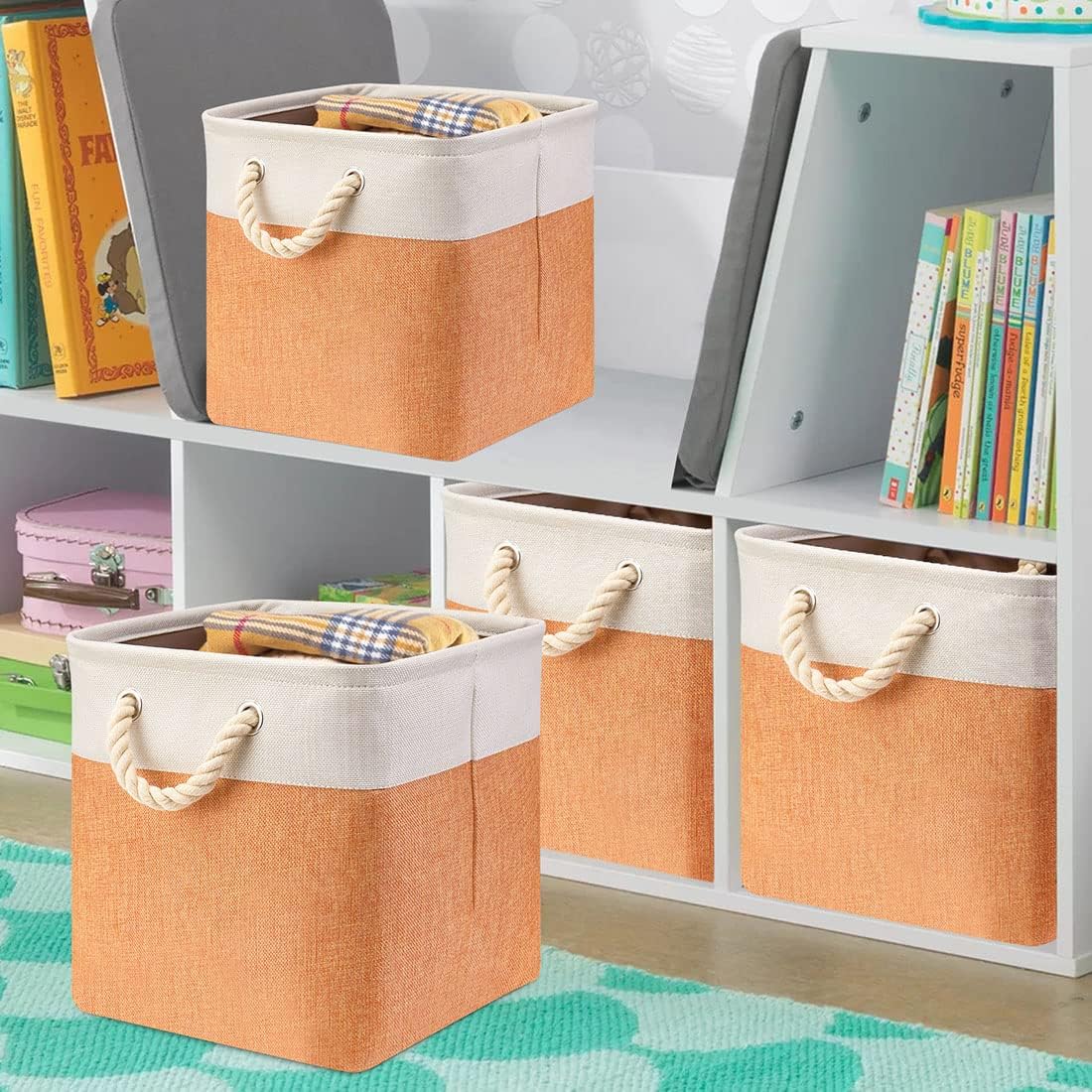 i BKGOO 3Pack Large Foldable Storage Bins,Collapsible Sturdy Cationic Fabric Organizing Storage Basket Cube with Cotton Handles for Home Office Shelf Clothes Toys Beige-Orange 13×13×13 inch