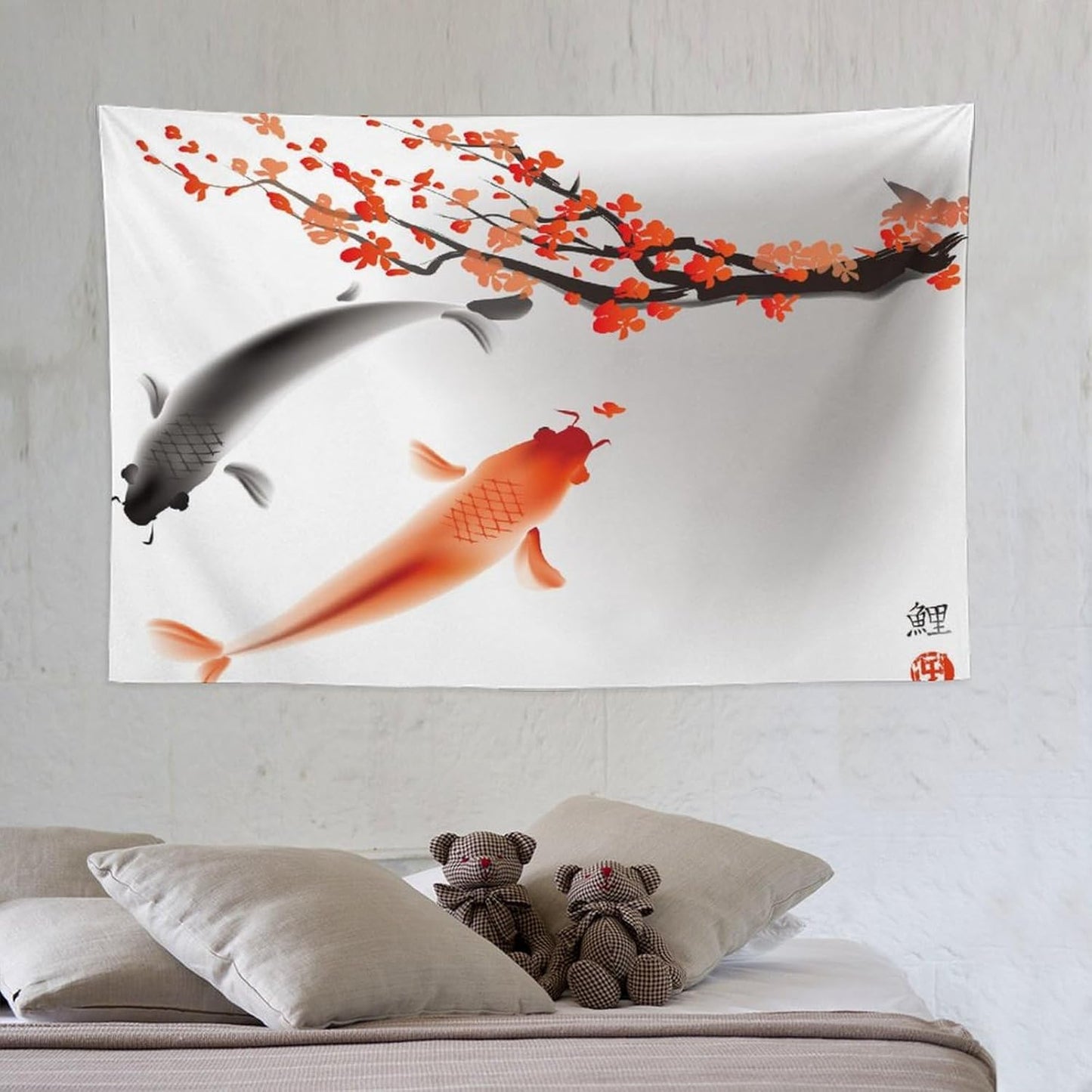 Japanese Koi Fish Tapestry, Cherry Blossoms Asian Oriental Flower Branch Koi Fish Carp Tapestries Wall Hanging for Bedroom Living Room Office Decor 60"x40"