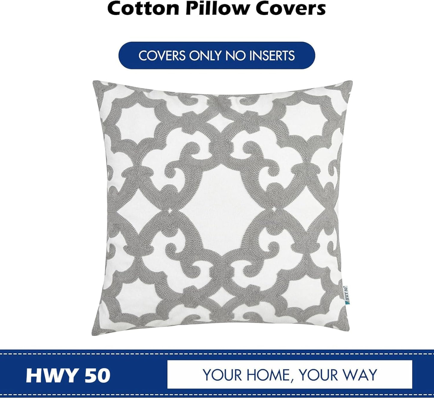 HWY 50 Grey Gray Decorative Throw Pillow Covers 18x18 Inch (1 Piece), Embroidered Cotton Farmhouse Cushion Cover Pillow Case for Sofa Couch Living Room Bed, Geometric