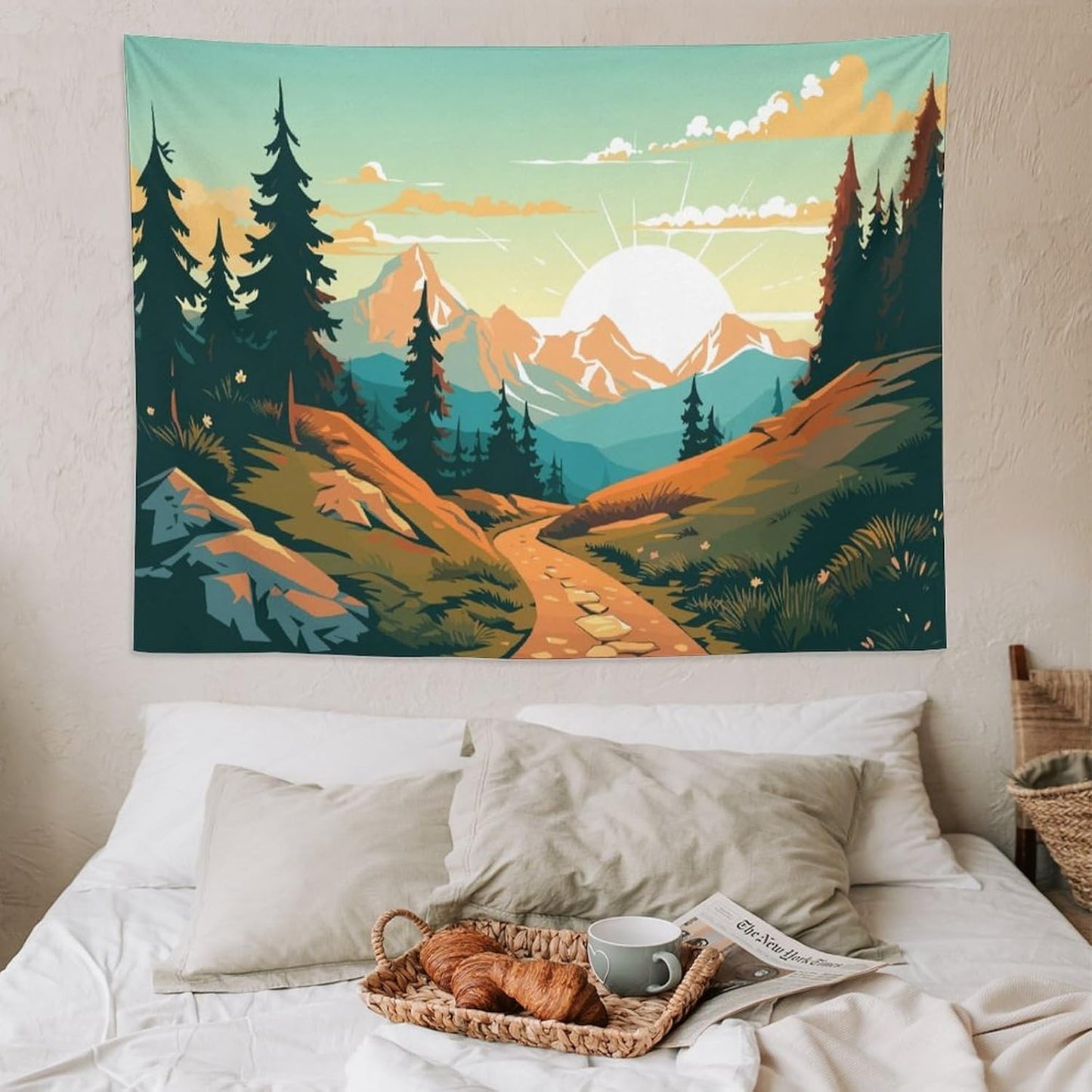 HZOHNAGO Mountain Tapestry Forest Mountain Sunrise Road Pattern Printed Wall Tapestry Wall Hanging for Bedroom Living Room Dorm 80" W x 60" H