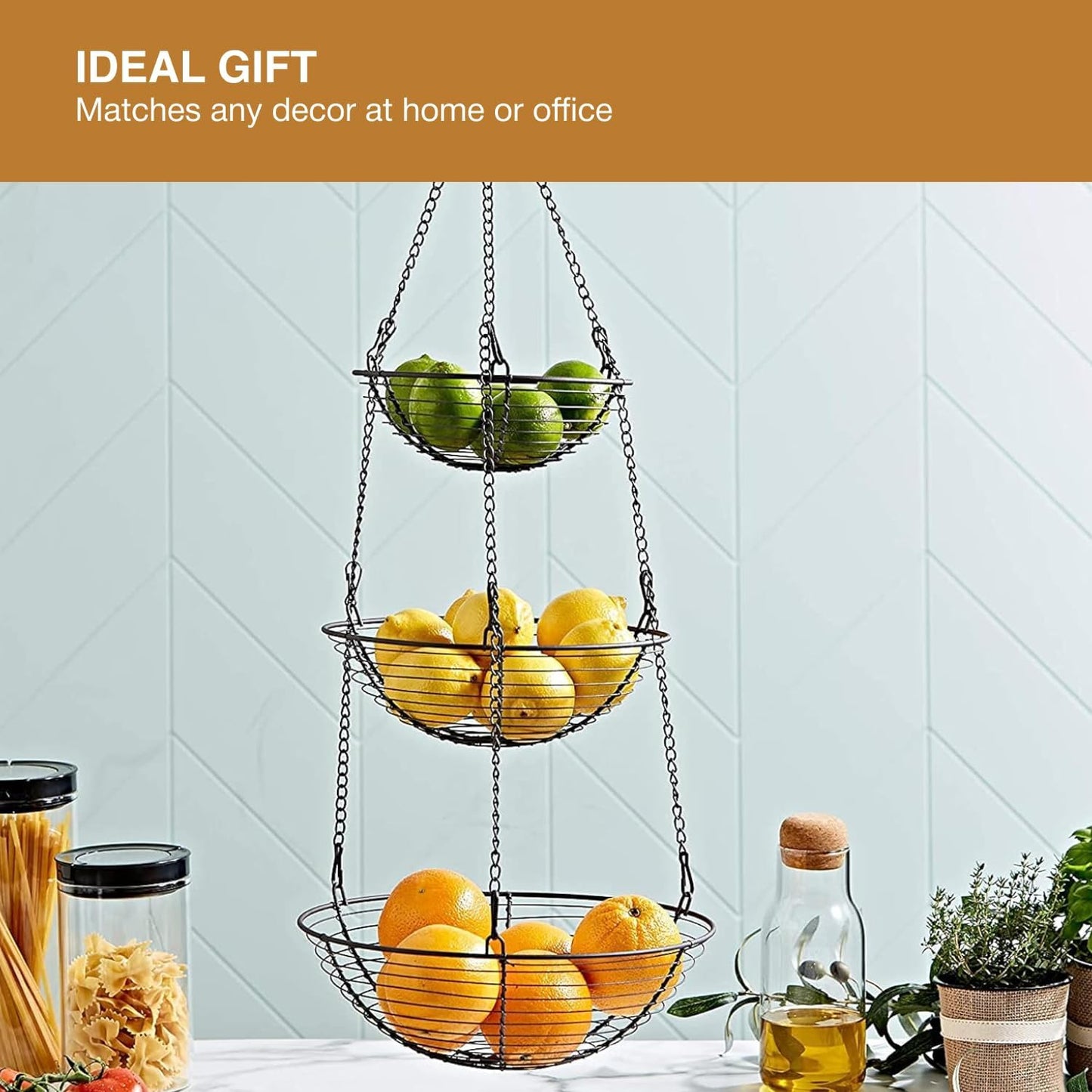 REGAL TRUNK & CO. 3 Tier Hanging Fruit Basket, Farmhouse Wire Basket, Three Tier Fruit Basket for Kitchen for Vegetables, Bread & More, Metal Chain, Hanging Hook and Detachable Round Wire Baskets
