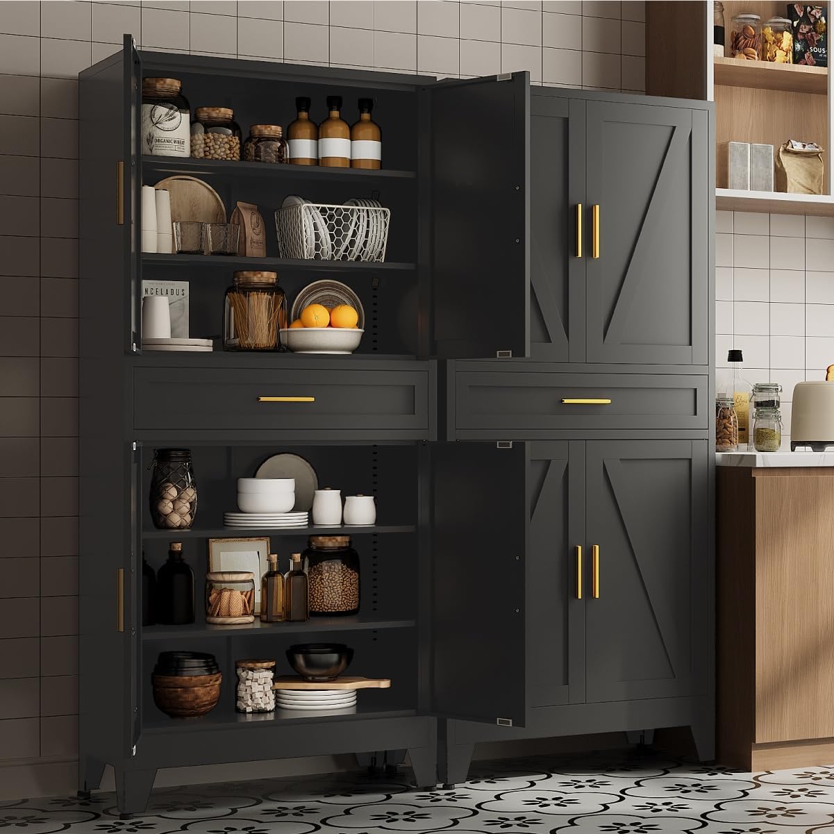 71 "Farmhouse Metal Filing Cabinet with a Drawer and 4 Adjustable Shelves, with 4 Large barn Door White Kitchen Cabinets, Metal Food Cabinets for Home, Kitchen, Dining/Living Room (Black)