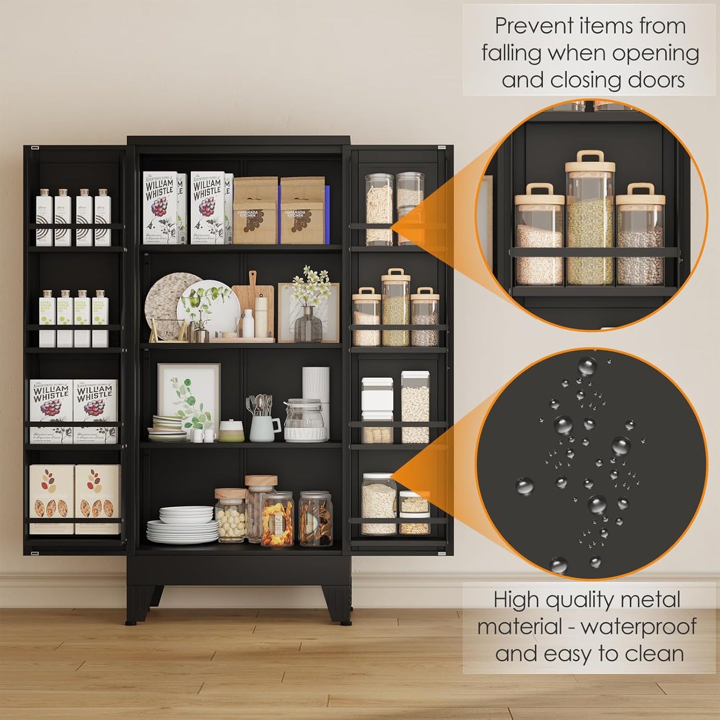 51" Kitchen Pantry Cabinet, Metal Storage Cabinet with 3 Adjustable Layer Shelves, 8 Door Shelves, Buffet Sideboard for Living Room, Kitchen, Black