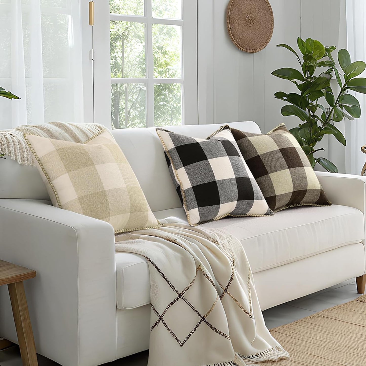 decorUhome Buffalo Plaid Check Throw Pillow Covers 18x18 Set of 2, Outdoor Decorative Farmhouse Neutral Pillow Covers with Stitched Edge for Bed Couch Sofa, Brown and Beige