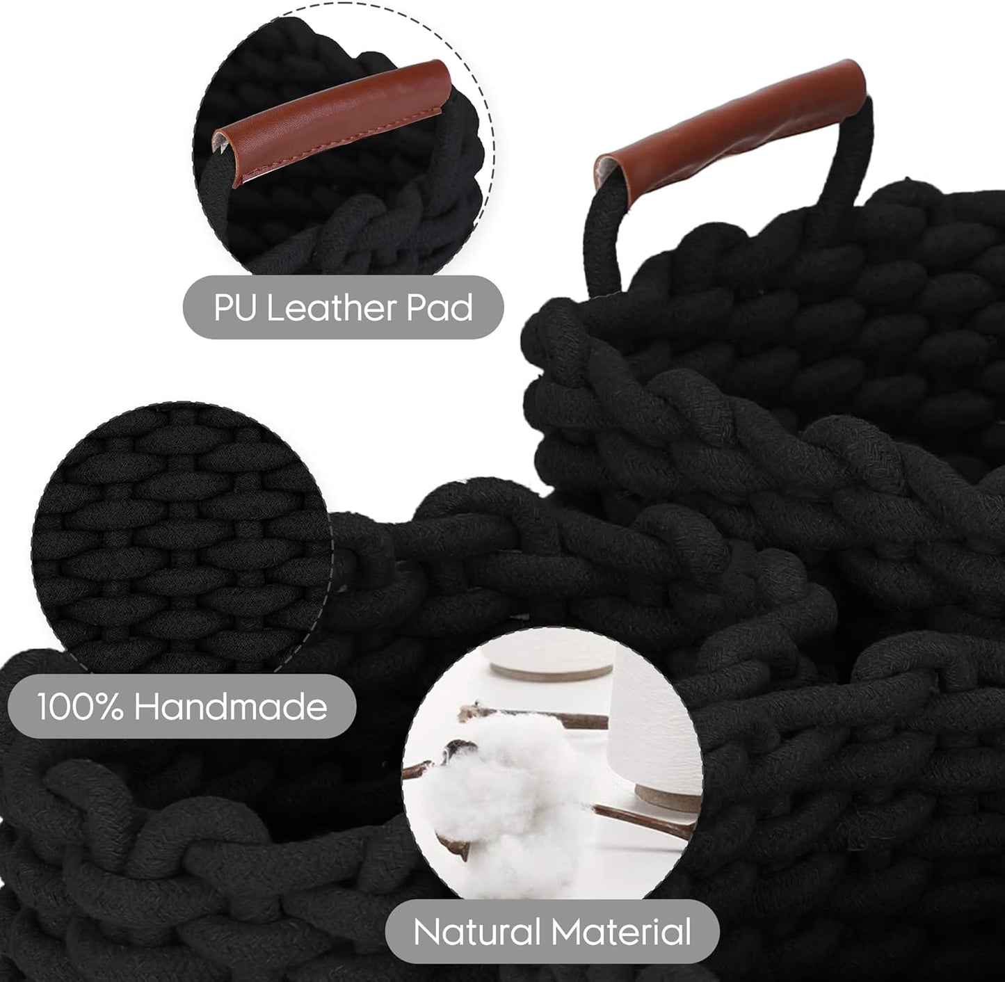Sea Team 3-Pack Rectangle Woven Cotton Rope Storage Baskets with Handles, Shelf Basket, Closet Organizers, 3-in-1, Black