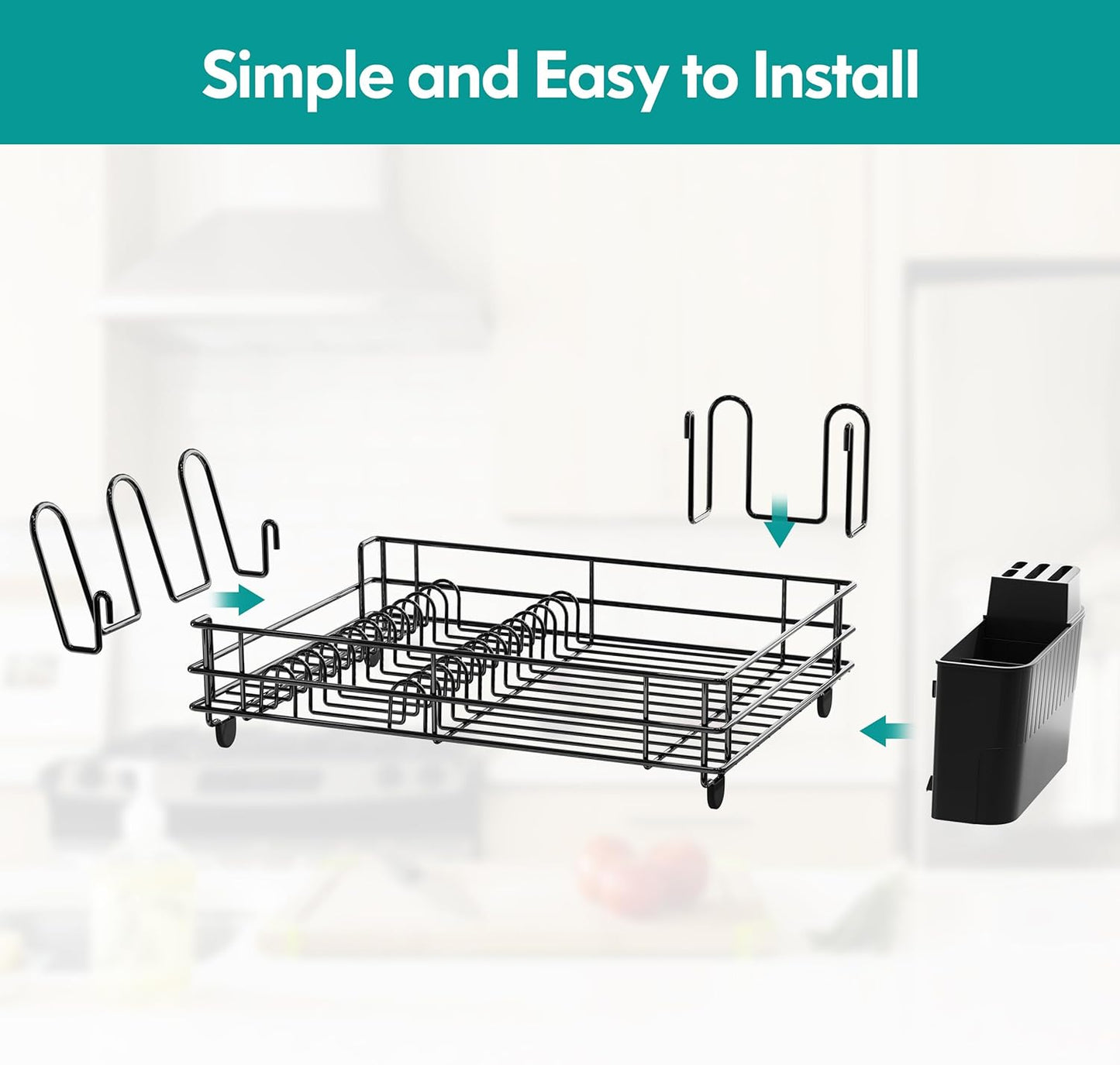 Black Stainless Steel Dish Drainers Drying Rack for Kitchen Counter with Drainboard Set, Rust Proof Metal, Space Saving, Modern Aesthetic, Compact Plates Strainers with Extra Mat