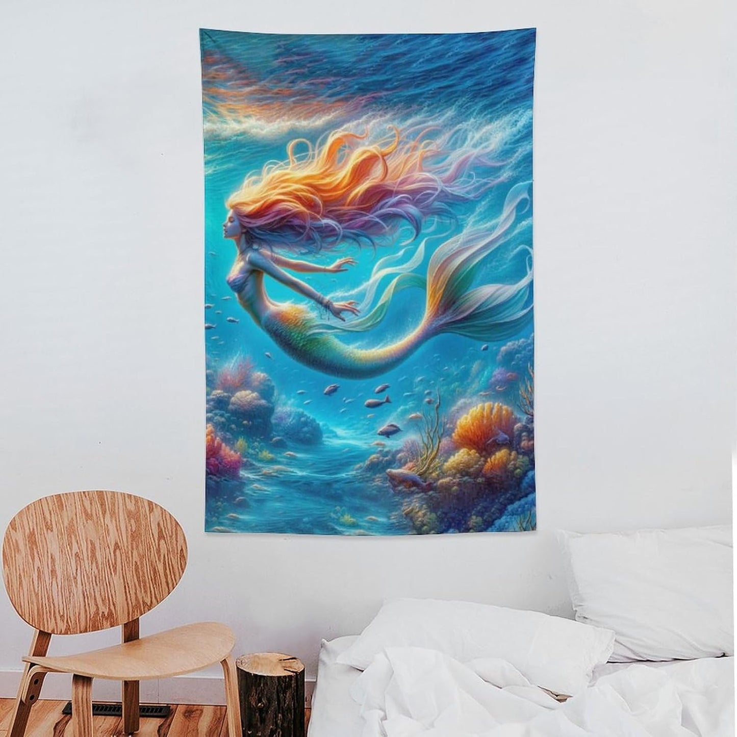 Mermaid Tapestry Ocean Tapestries Coastal Fabric Wall Hanging Aesthetic Space Indoor Outdoor Wall Art Tablecloth Bedspread Decoration for Girl’s Bedroom Dormitory Living Room Home Decor 40"x60"