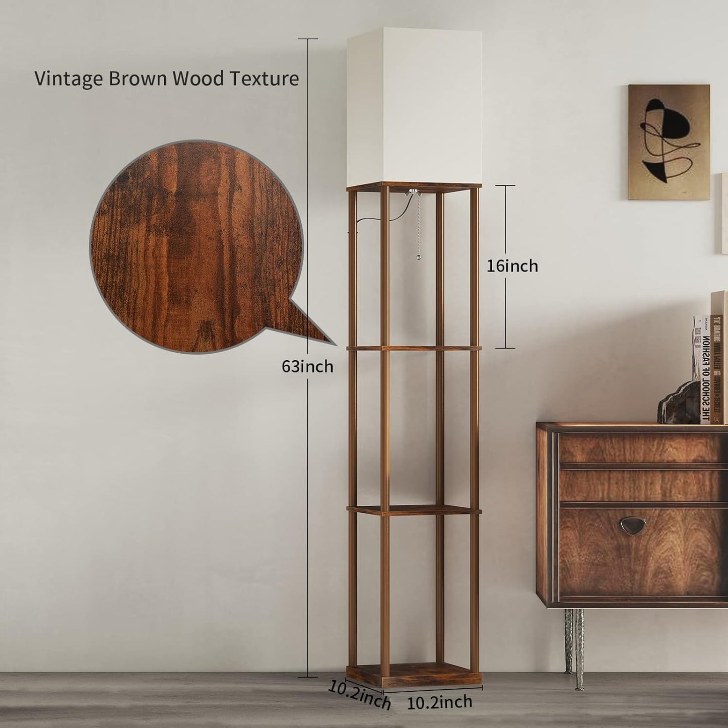 SUNMORY Floor Lamp with Shelves, Modern Square Standing Lamp with 3 Color Temperature Bulb, Corner Display Bookshelf Lamp for Living Room and Bedroom (Rustic Brown)