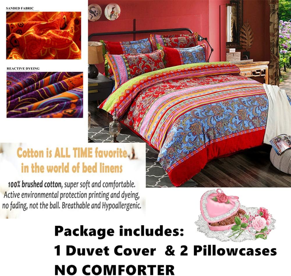 ABREEZE Bohemian Vintage King Size Floral Cotton Bedding Set 3Pcs Duvet Cover Set Boho Green Paisley 100% Egyptian Brushed Cotton Reversible Home Bedding Collection
