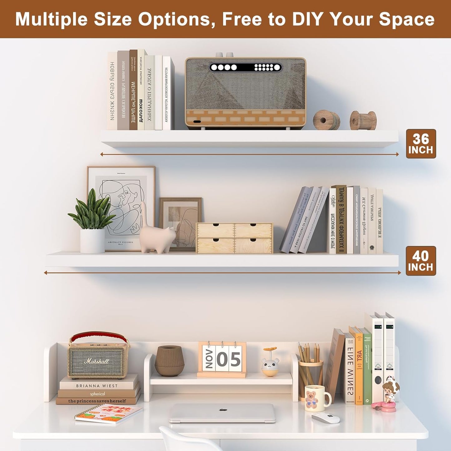 12 Inch Deep Floating Shelves for Wall 1 Pack White Floating Shelves Large Storage Space Wall Mount Shelf for Living Room Kitchen Bathroom 24" W x 12" D x 1.2" H White