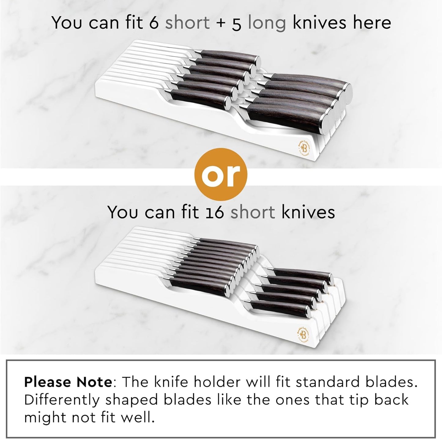 In-Drawer Knife Block Organizer - Bamboo Wood Drawer Knife Organizer - Holds 5 Long + 6 Short Knives (Not Included) - Store Knives with Blades Pointing Down