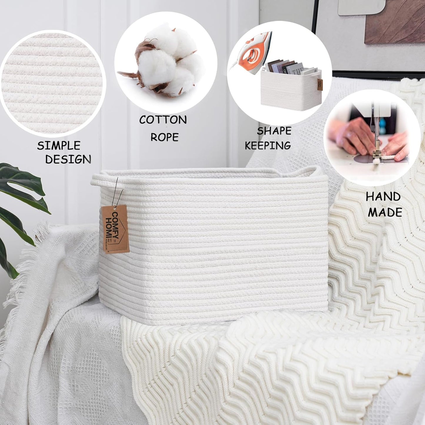 COMFY-HOMI Cotton Rope Woven Basket with Handles for Shelves,Toys,Book, Cloth Storage Baskets Bin for Organizing-13.5"x11"x9.5" Toy Decorative Organizer for Living Room, Bathroom-All White