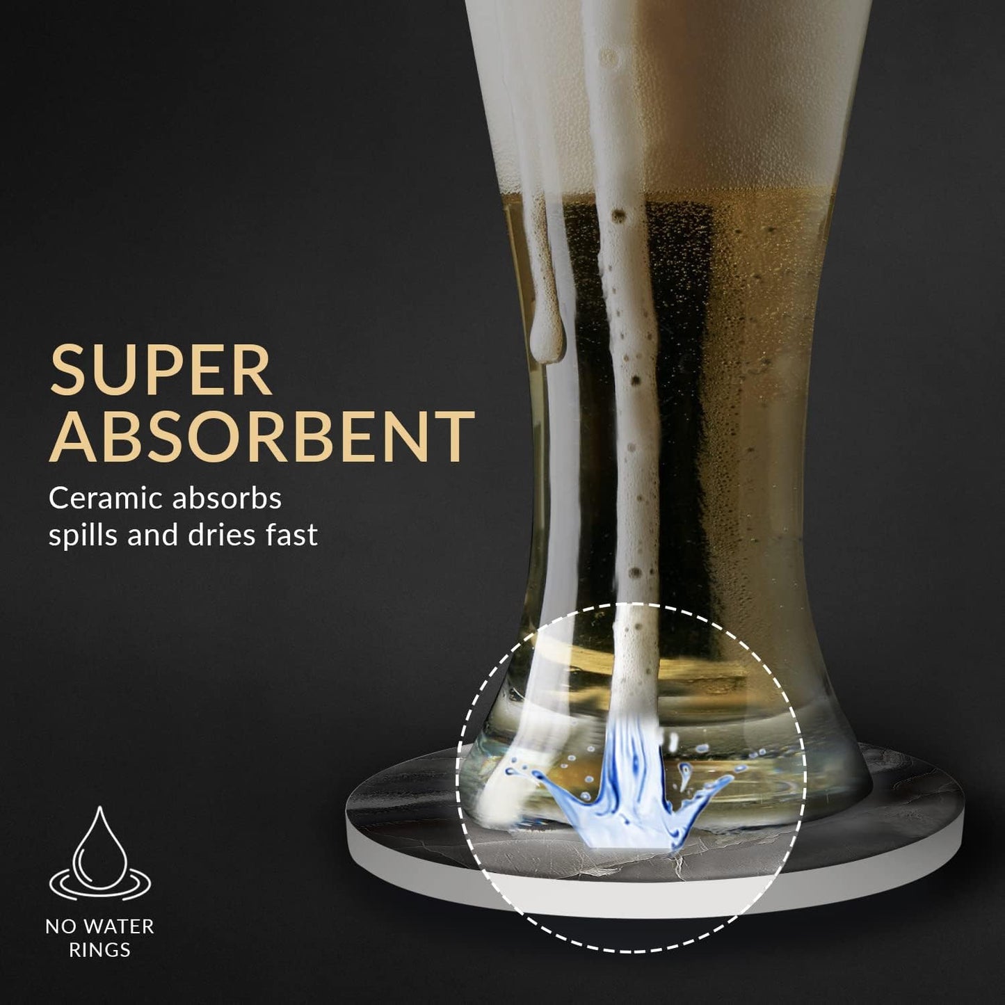 Emerson Coasters for Drinks Absorbent – Saucers Coffee Table Set of 6 with Holder, 100% Ceramic Wooden Tabletop Protection Marble Style, Non-Slip & Cork Bottom - Heavy Duty Drink Coasters (Crown)