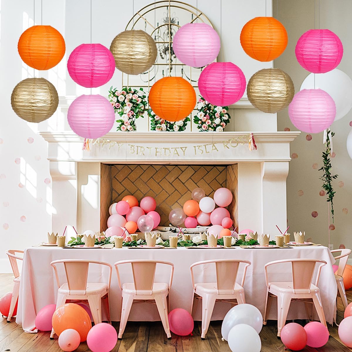 Paper Lanterns Pink Orange Gold Round Hanging Chinese Lanterns for Birthday Party Baby Shower Bridal Shower Decorations Pack of 12