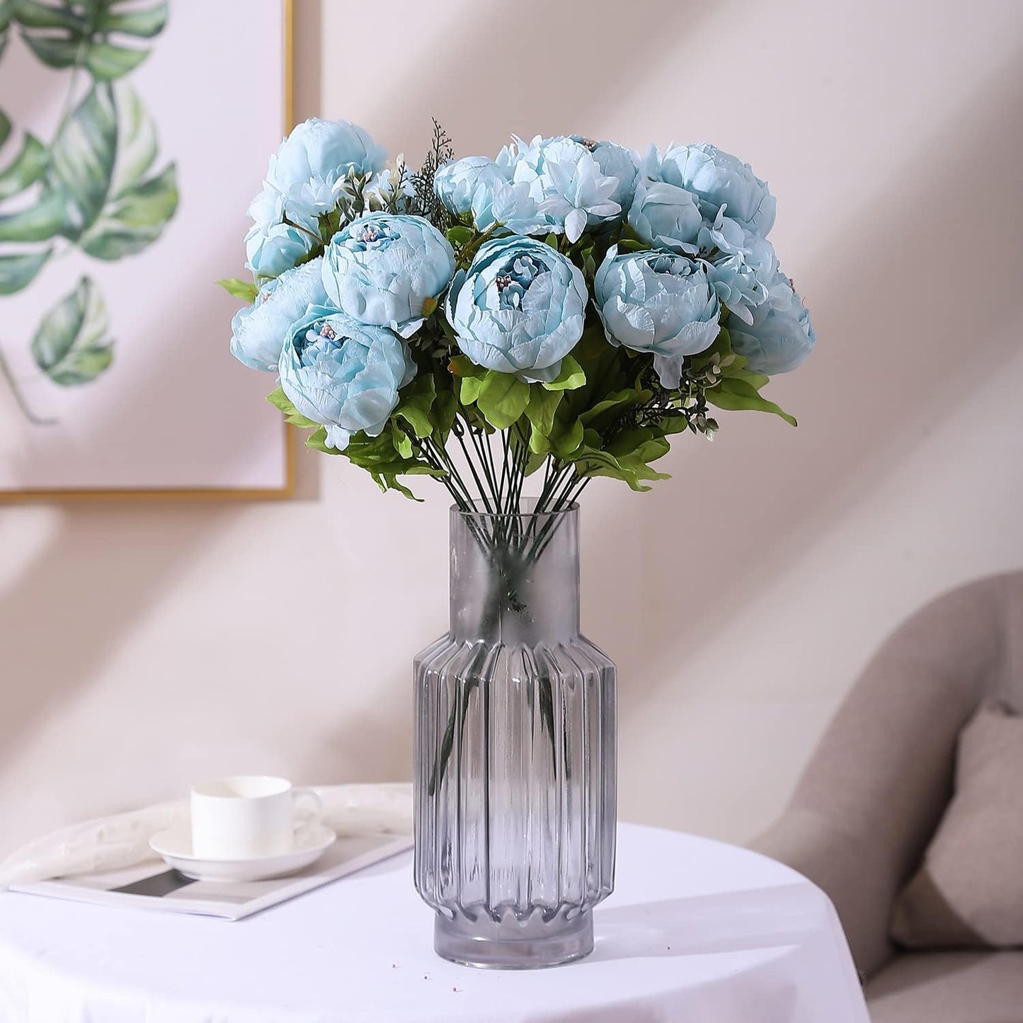 Duovlo Artificial Peony Silk Flowers Fake Flowers Vintage Wedding Home Decoration,Pack of 1 (Spring Blue)