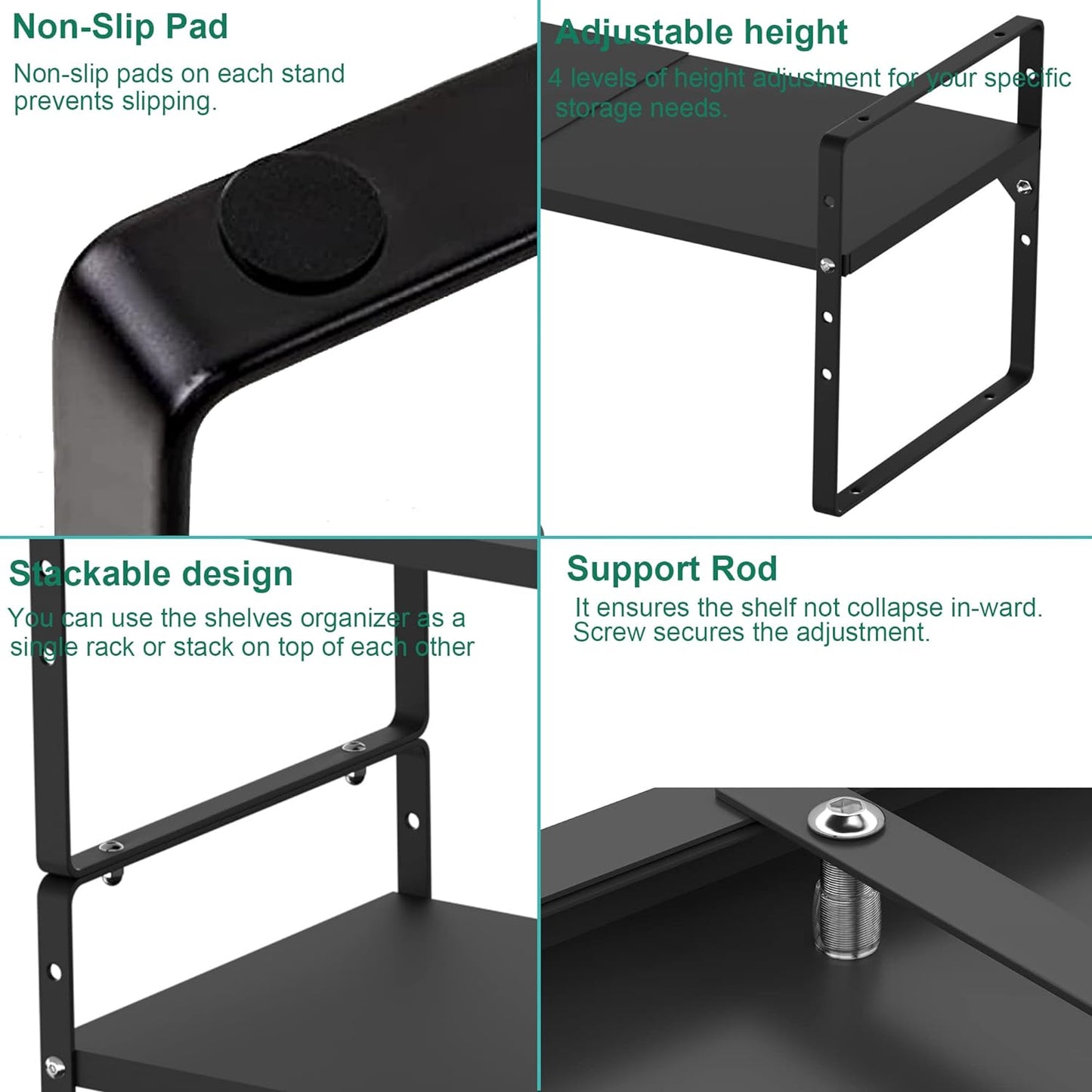 iPEGTOP 2 Pack Expandable Cabinet Storage Shelf Organizer Rack, Heavy Duty Steel Metal Spice Rack Adjustable Height Office Garage Pantry Shelf Space Riser for Counter Kitchen Organization, Black