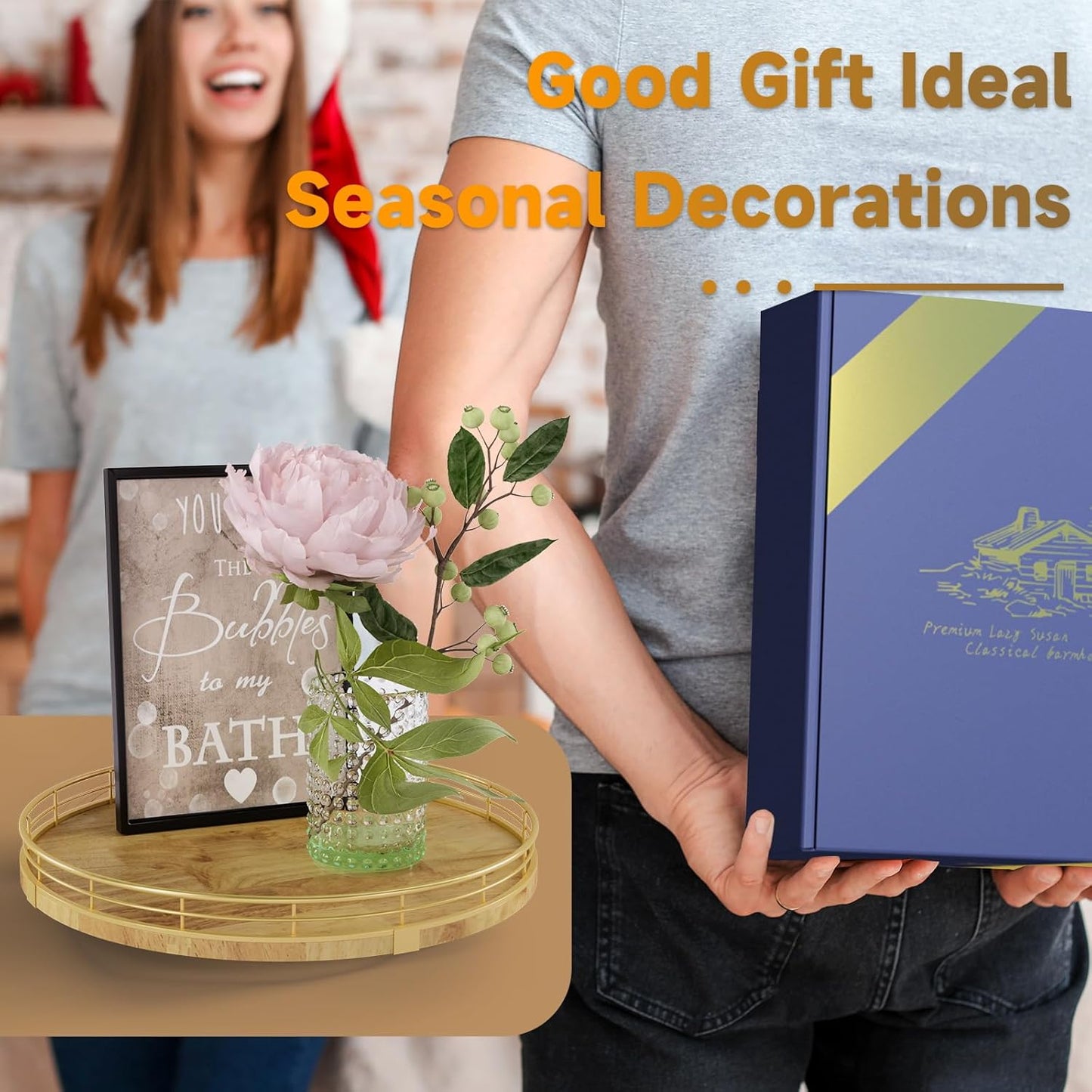 Farmhouse Oak 12" Lazy Susan Turntable Organizer for Cabinet, Round Wooden Lazy Susan Organization and Storage for Dining Table, Pantry, Kitchen, Countertop, Cupboard,Home Decor