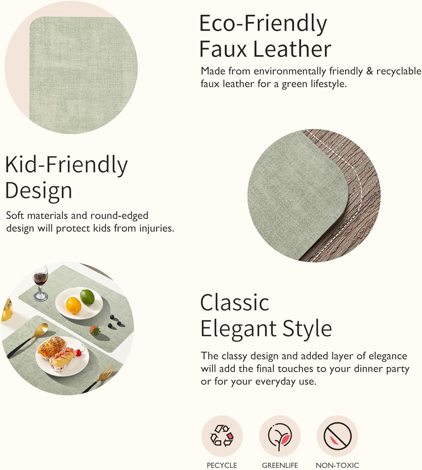 Maxpearl Faux Leather Placemats Set of 4, Waterproof - Wipe Clean - Heat Resistant - Anti Slip Dining Table Place Mats, Suitable for Indoor & Outdoor Use, 17’’×12’’, Sage Green