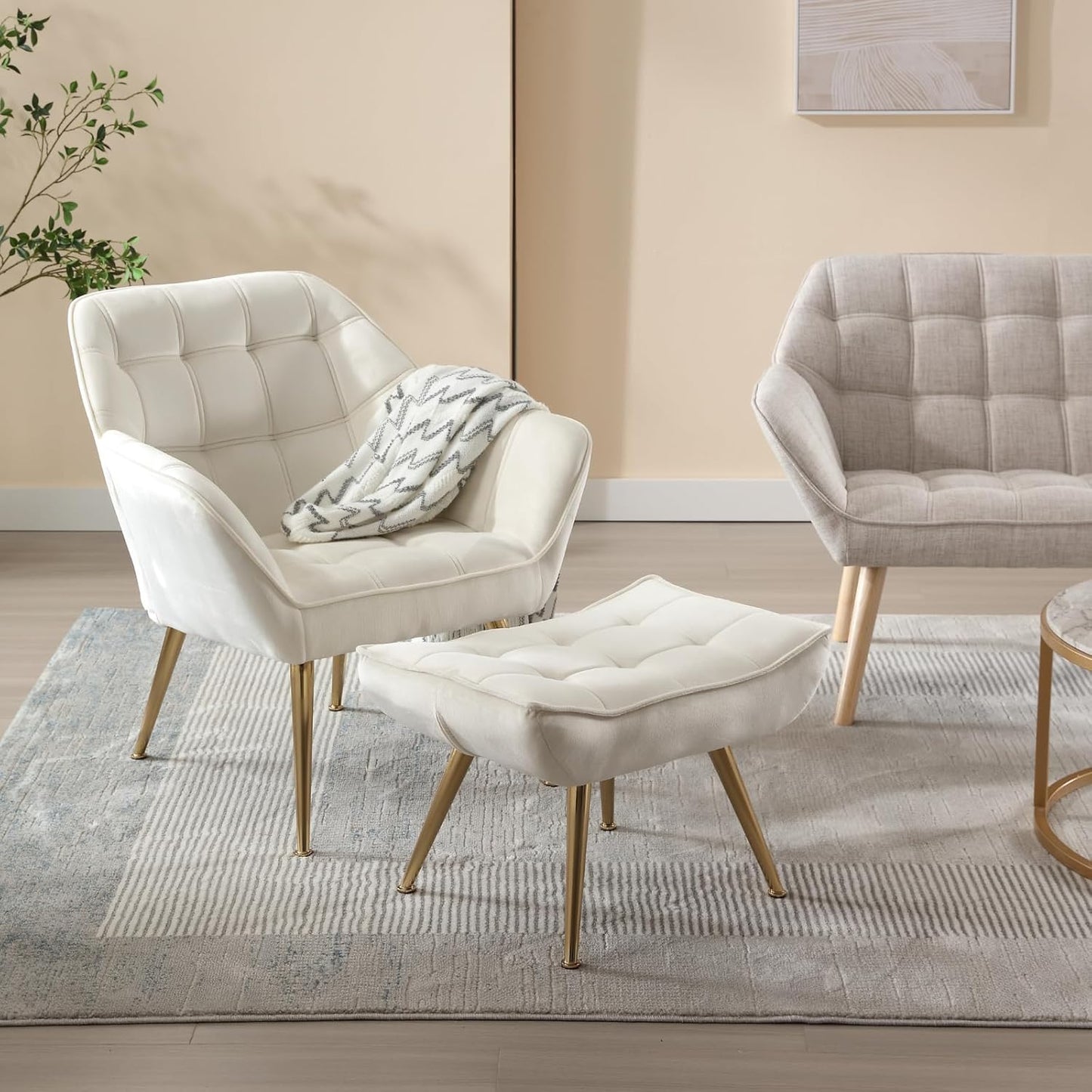 Modern Velvet Accent Chair with Ottoman, Upholstered Lounge Chair with Footrest, Comfy Living Room Chair with Gold Legs Accent Side Chair Armchair for Small Space Bedroom Apartment, Beige