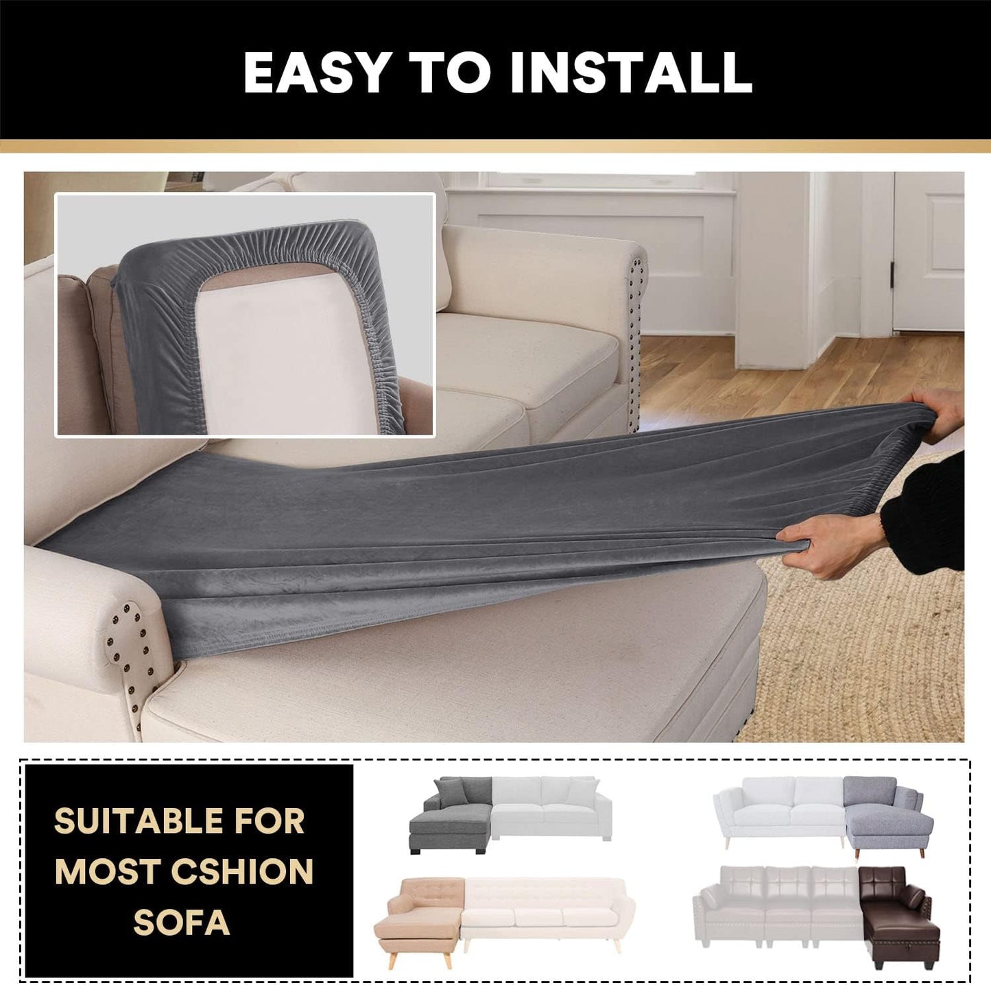 PrinceDeco Sectional Couch Covers Velvet Couch Cover for Dogs Washable L Shaped Couch Cover 1 Piece Individual Sectional Couch Covers with Elastic Bottom(Chaise Lounge,Grey)