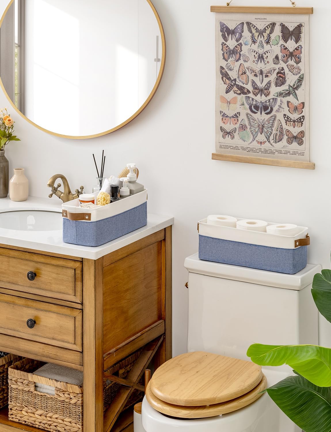 StorageWorks Narrow Storage Bins, Small Basket for Closet and Shelves, Fabric Organizer with Handles, Toilet Paper Storage, Blue and White, 2-Pack