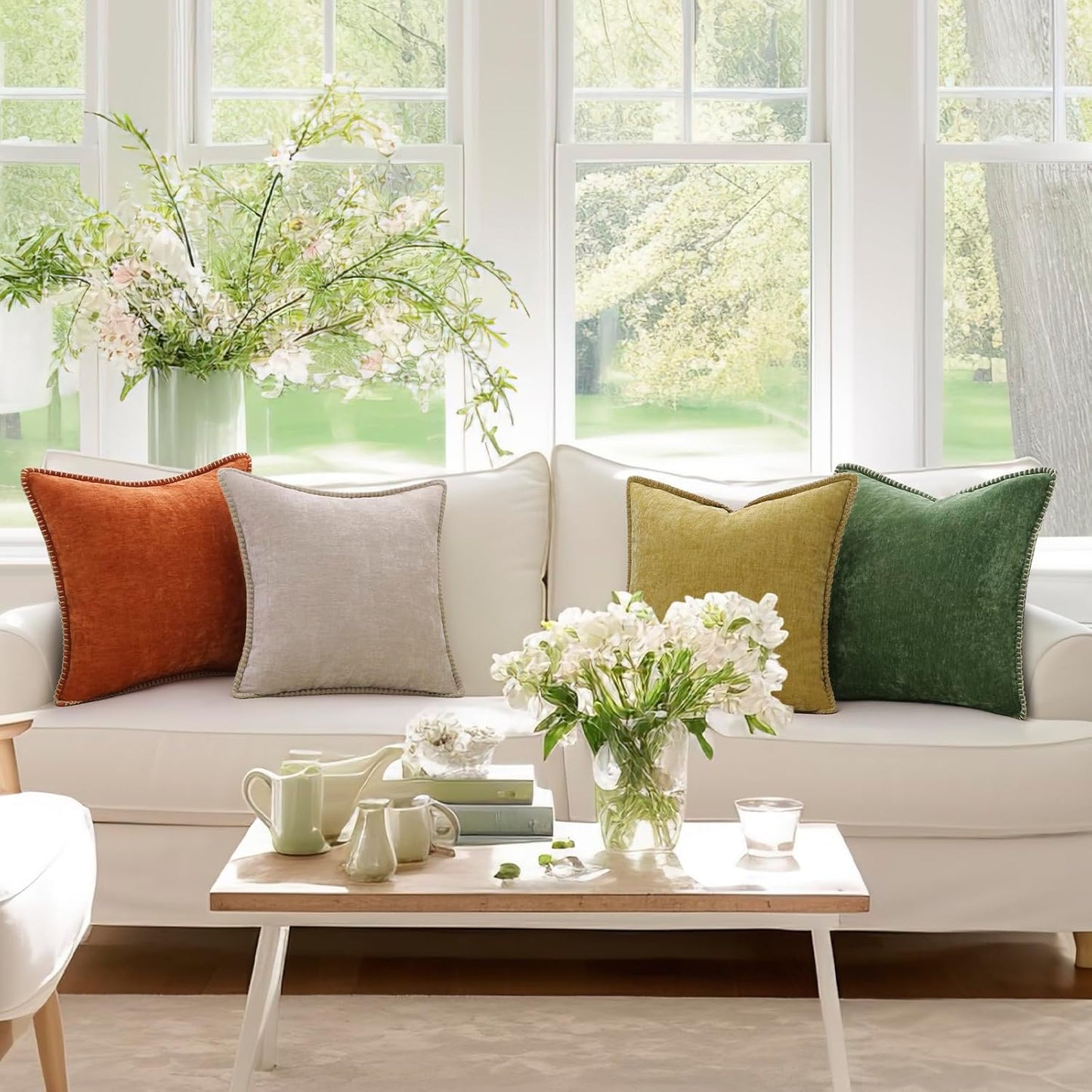 decorUhome Chenille Soft Throw Pillow Covers 12x20 Set of 2, Lumbar Velvet Farmhouse Neutral Decorative Euro Pillow Covers with Stitched Edge for Couch Sofa Bed Home Decor, Mineral Yellow