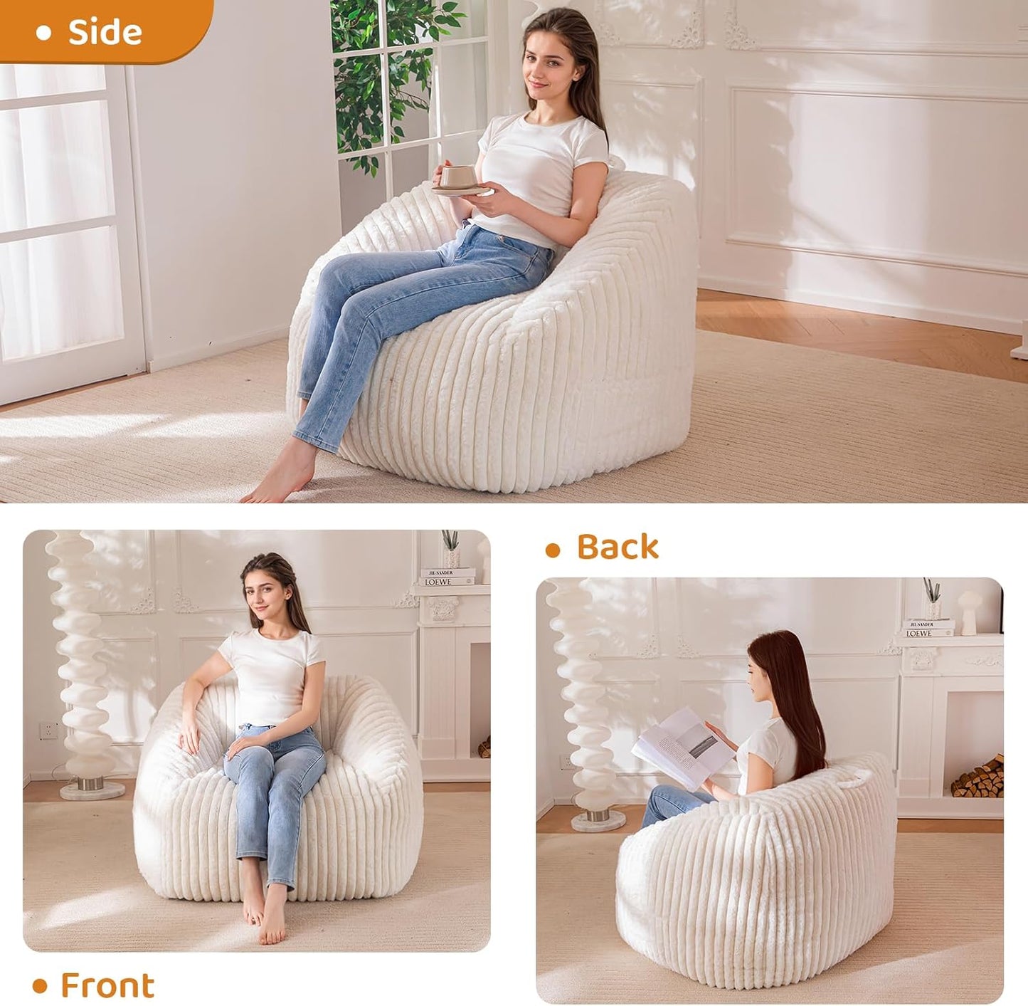 BYBYME Giant Bean Bag Chair for Adults and Kids, Large Comfy Cozy Beanbag, Floor Sofa for Teens, Living Room, Gaming, Reading, Beige