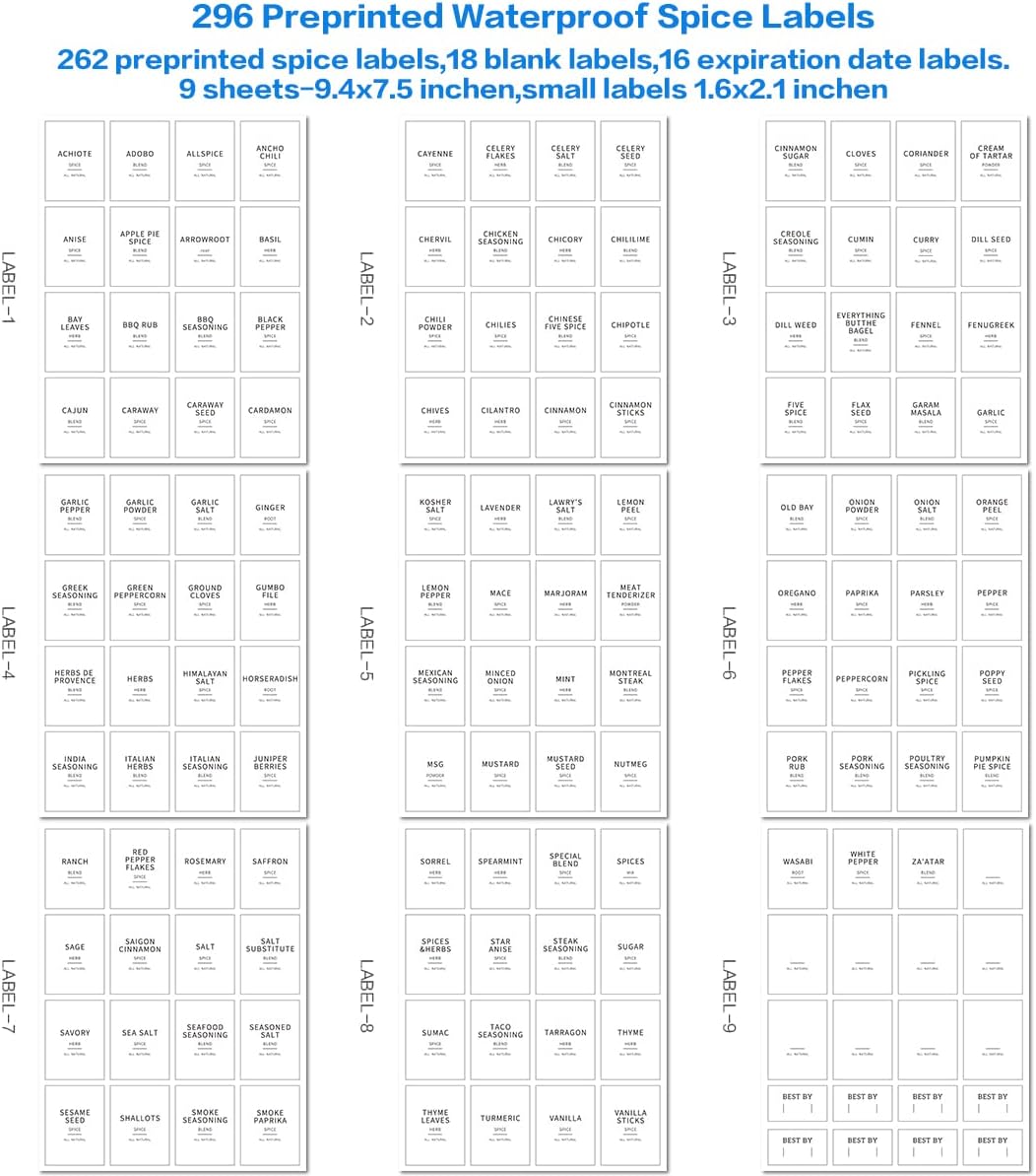 12 Pcs Glass Spice Jars With 296 Spice Labels Preprinted of White and Black Color- 6oz Thicken(2.4mm) Spice Containers With Bamboo Airtight Lids - Empty Small Herb Seasoning Jars