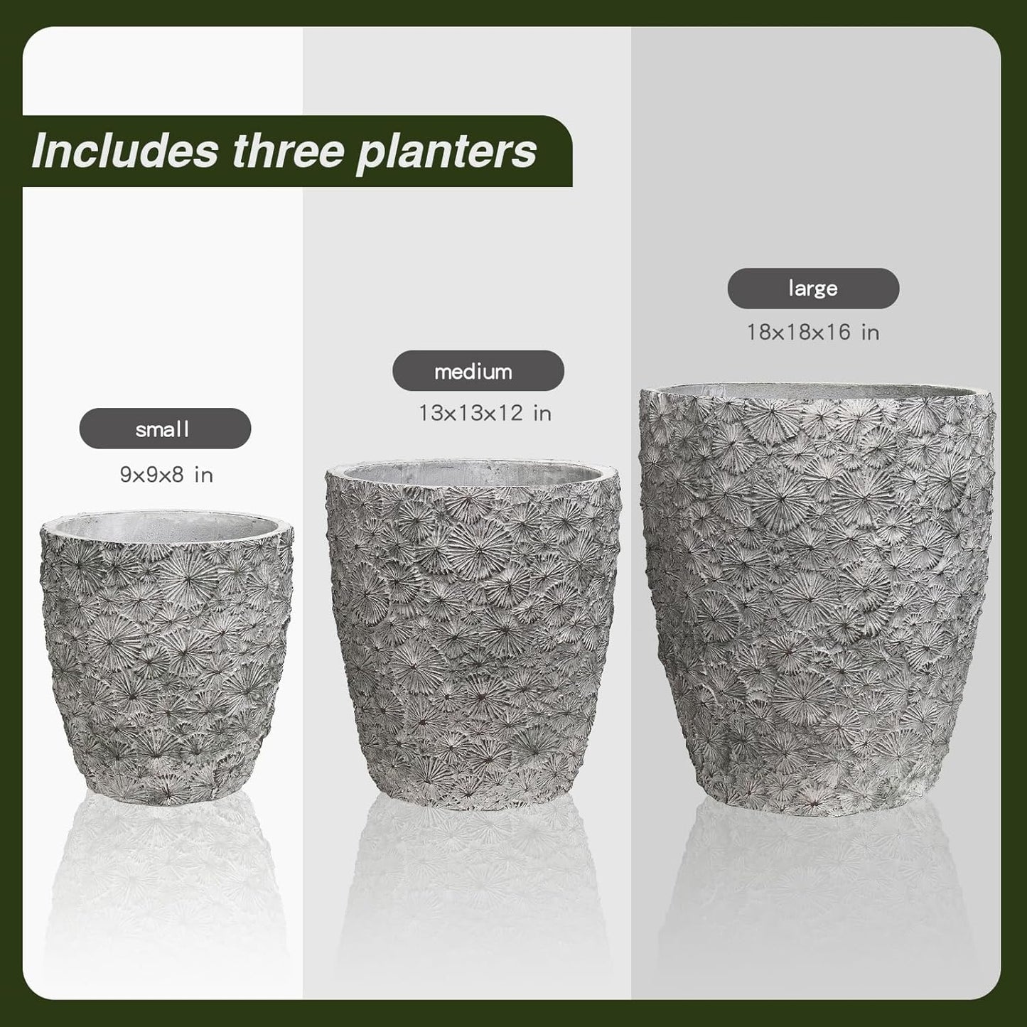 Craft flowerpots 16"+12"+10" Dia Round Concrete Planter Set of 3 Large Outdoor/Indoor Planter Pots Containers with Drainage Holes and Rubber Plug for Home Garden (Grey, Large)