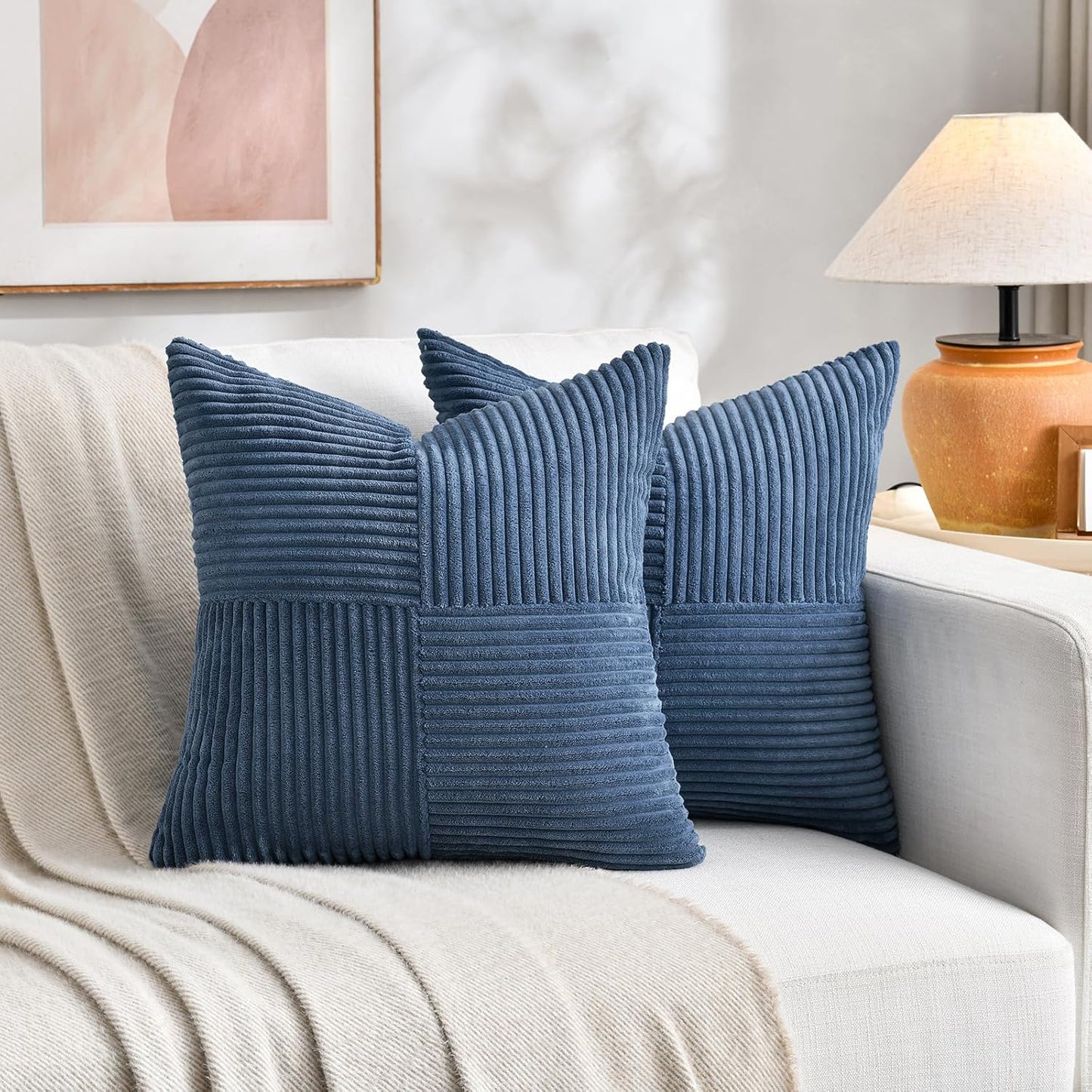 Fancy Homi 2 Packs Dusty Blue Decorative Throw Pillow Covers 16x16 Inch for Living Room Couch Bed Sofa, Farmhouse Boho Home Decor, Soft Corss Patchwork Corduroy Textured Square Cushion Case 40x40 cm