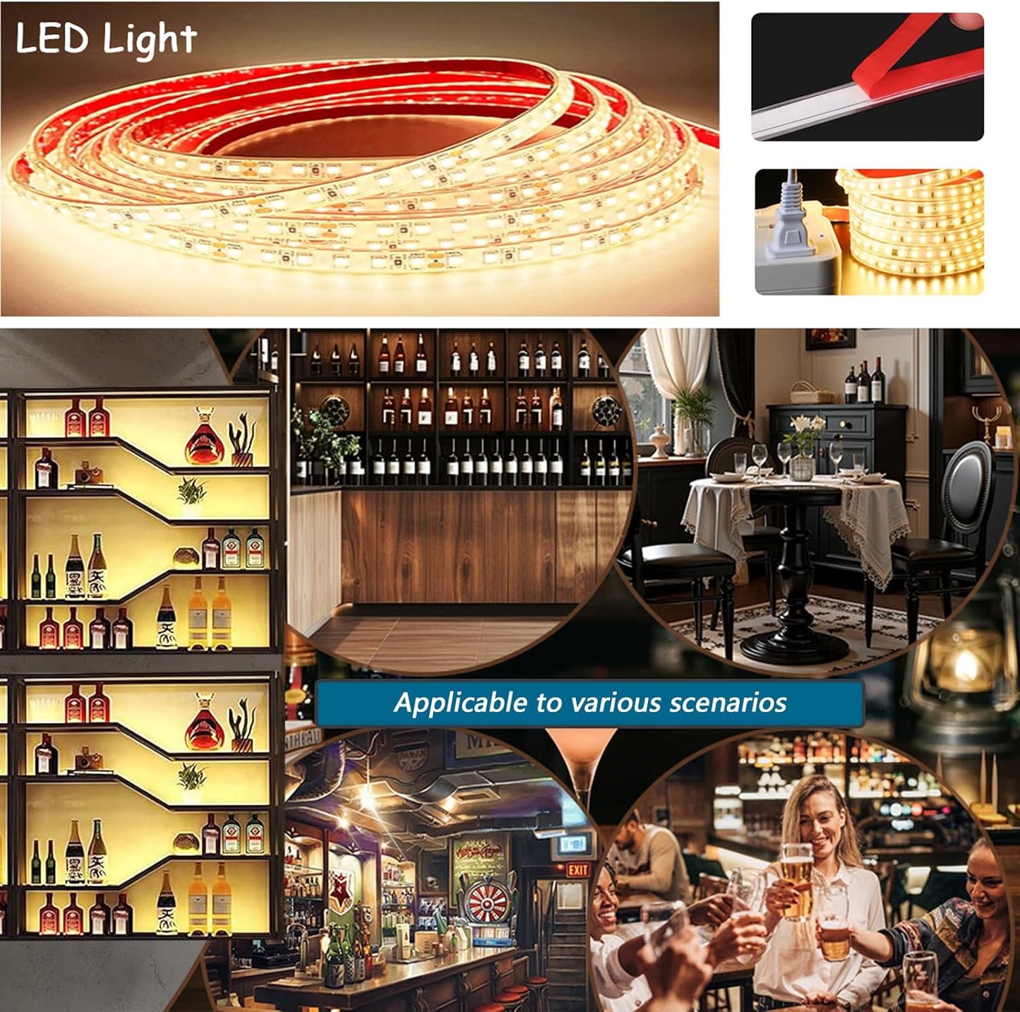 105in Large Wall Mounted Wine Rack with LED Light, 5-Tiers Liquor Bottles Display Shelf with Glasses Holder, Metal Home Bar Shelves with Iron Frame for Kitchen Dining Room (Black, 105in/8.72ft)