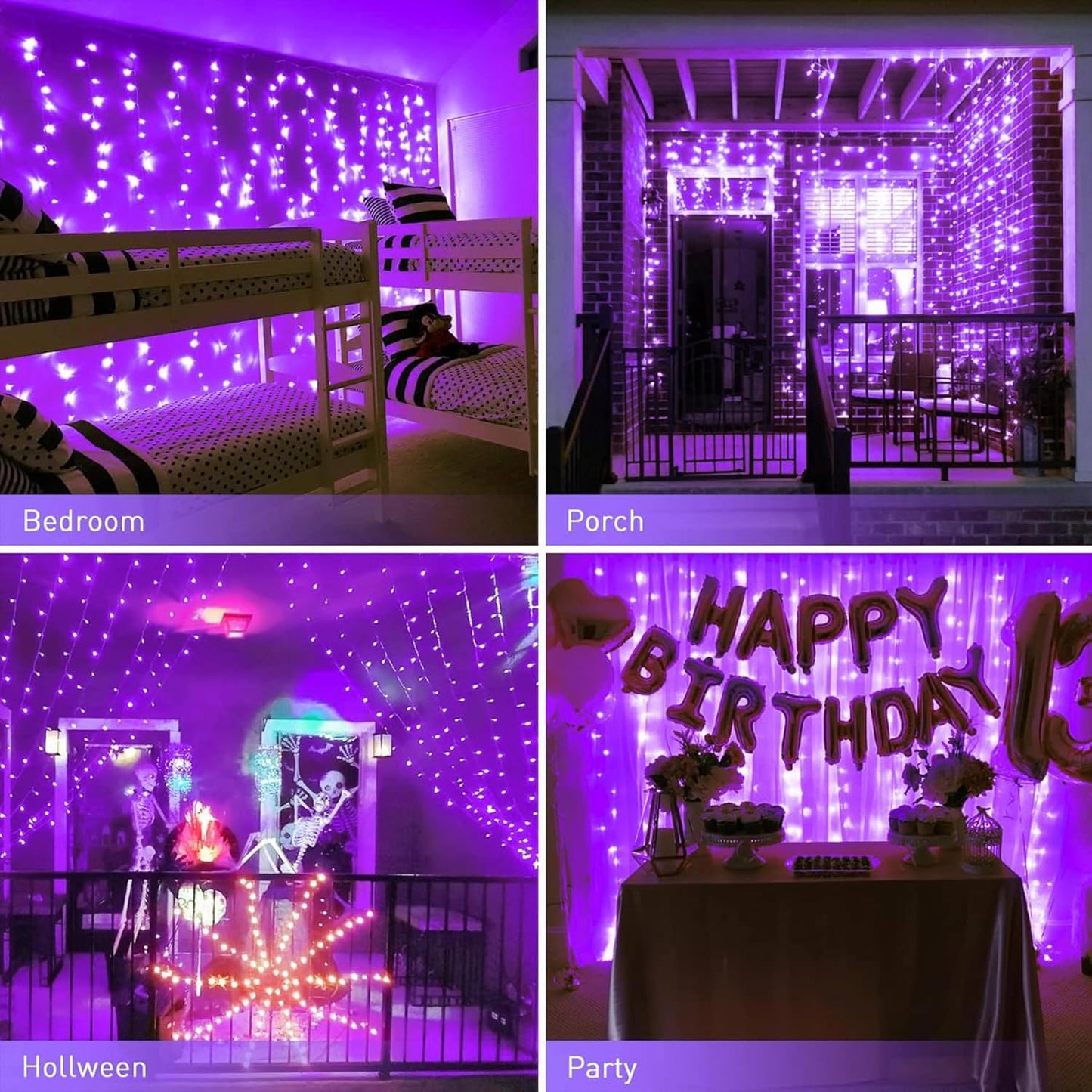 JMEXSUSS 300LED Purple Halloween Lights with Remote, Curtain Hanging Light Plug in, 8 Modes Purple String Lights for Bedroom Window Wall Party Backdrop Christmas Halloween Decorations