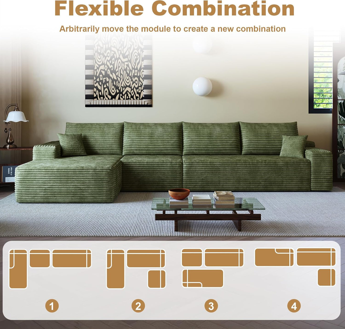 108" Sectional Couches for Living Room Modern Modular Sofa with L-Shape Couchs Upholstered Boneless Couch Deep Seat Sectional Couch with Chaise (Green, Left Facing Chaise+3Seaters)